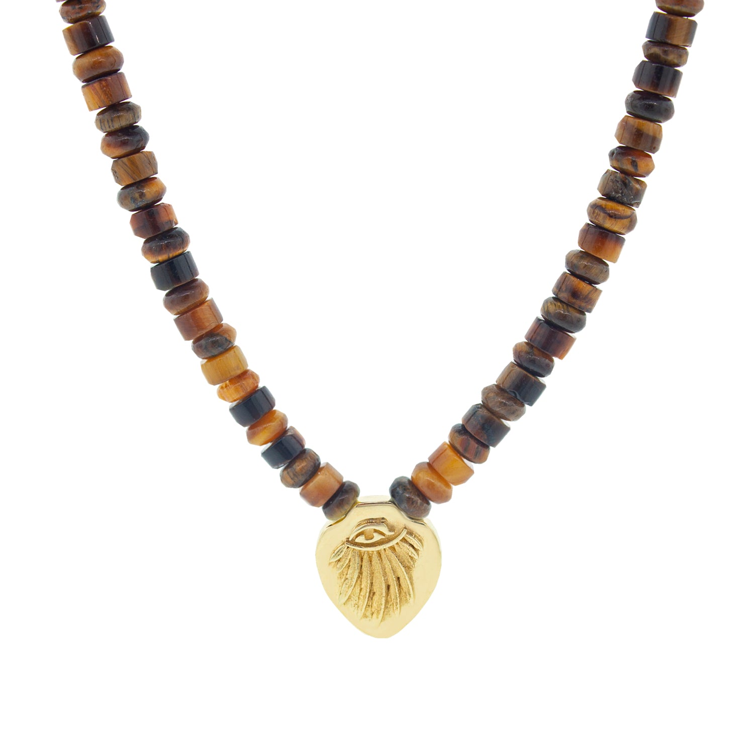 Luis Morais 14K yellow gold shield pendant with an Angel Wing symbol on a tiger's eye gemstone beaded necklace. 14K yellow gold long clasp closure. The length of this necklace is 18 inches, if you would like a different length, please reach out to customer service.