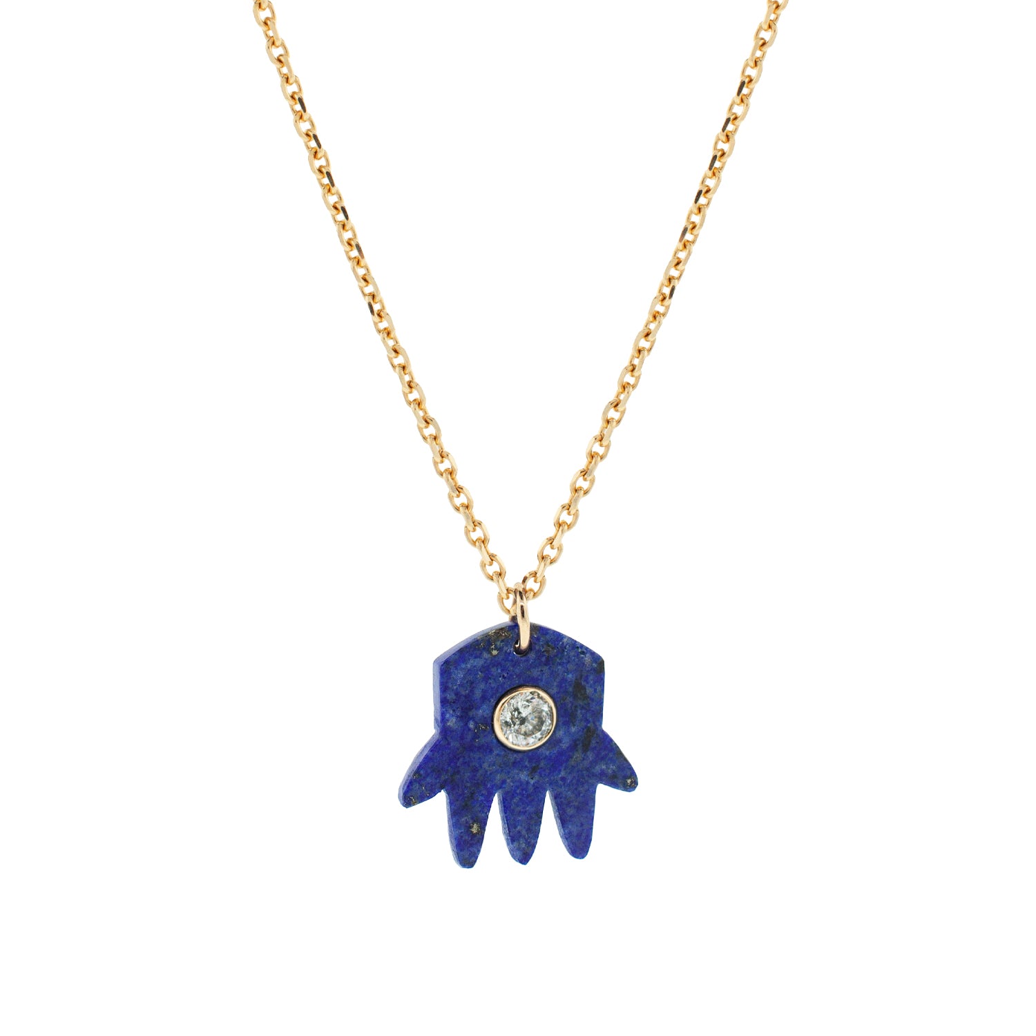 14K Yellow gold large lapis gemstone hand pendant with a Salt and Pepper diamond center.