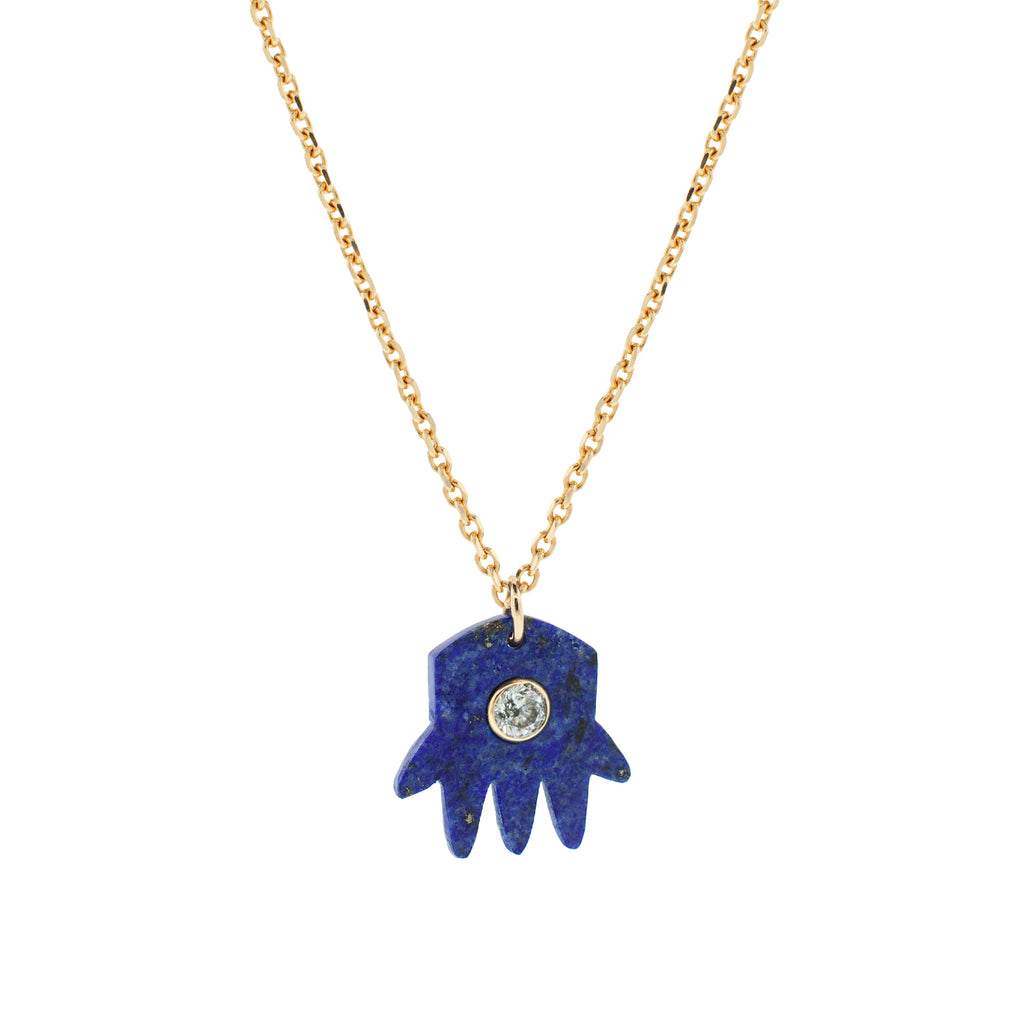 14K Yellow gold large lapis gemstone hand pendant with a Salt and Pepper diamond center.