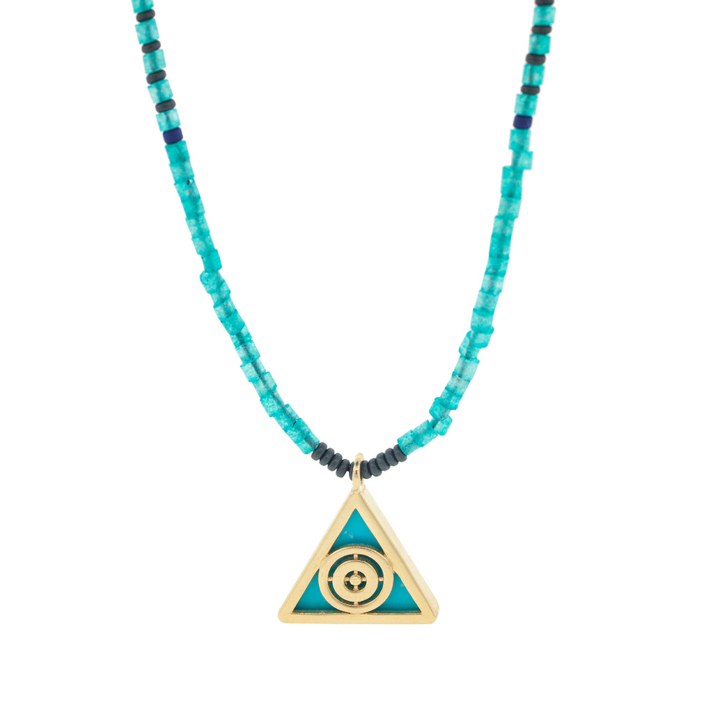 LUIS MORAIS 14K yellow gold triangle with Light of the Majestic symbol and a Turquoise gemstone backing on a beaded necklace. Skull outline toggle clasp closure.