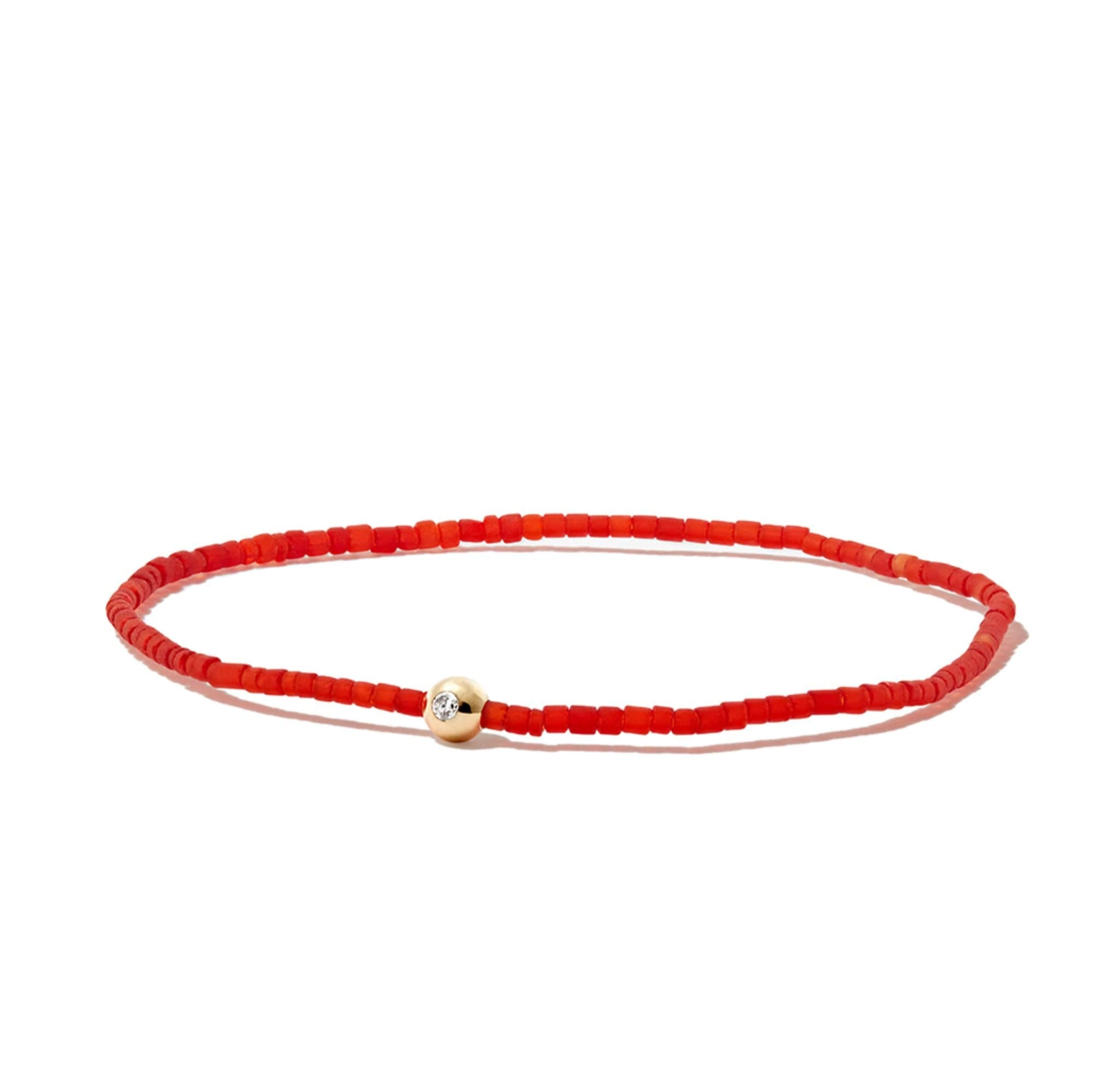 Gold Ball with White Diamond on Red Glass Bead Bracelet