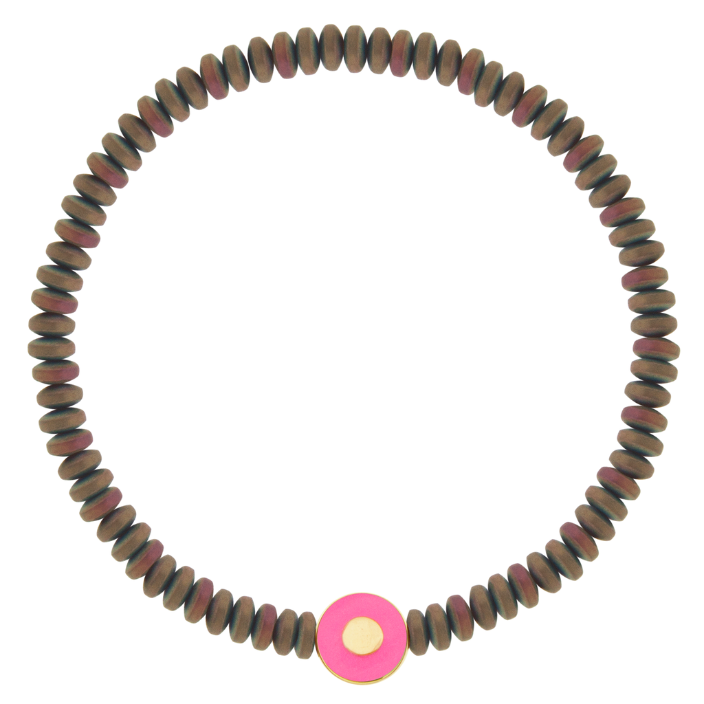 LUIS MORAIS 14k yellow gold small disk with a recessed enameled evil eye on a coated Hematite beaded bracelet.  *If you require a size that is not available in the options provided, please indicate your preferred size in the designated text box during checkout.