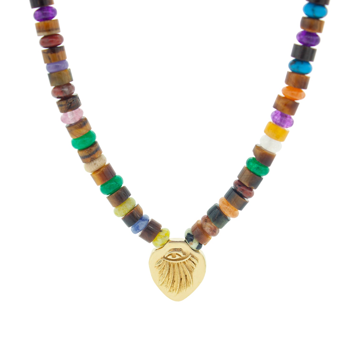 LUIS MORAIS 14K yellow gold shield pendant with a Angel Wing symbol on a tiger's eye and multi-colored agate beaded necklace. 14K yellow gold long clasp closure. The length of this necklace is 18 inches, if you would like a different length, please reach out to customer service.