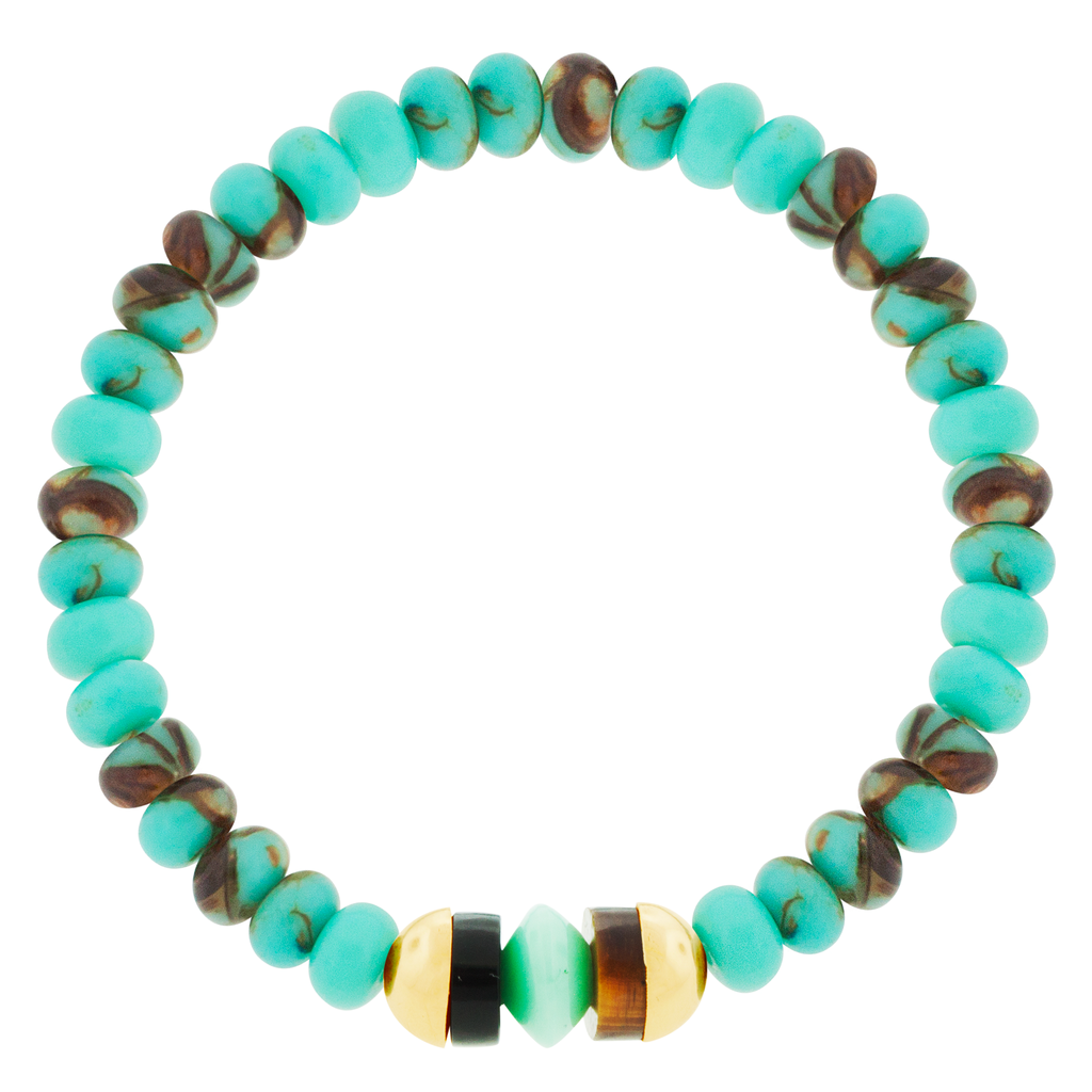 LUIS MORAIS 14k yellow gold cap ends with round Onyx, Tiger's Eye, and Chrysoprase gemstones on a Blue Copper Jasper beaded bracelet. 