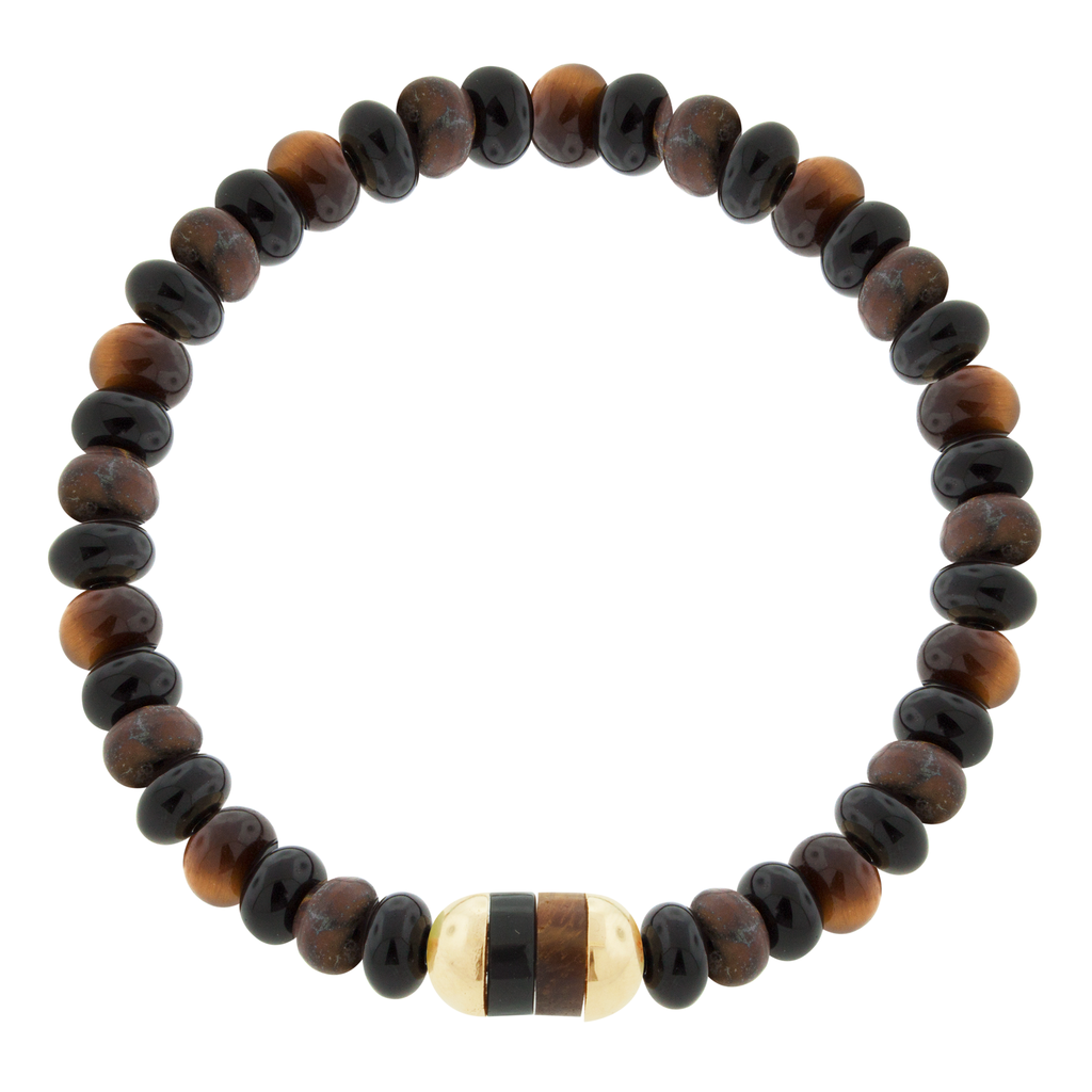 LUIS MORAIS 14k yellow gold cap ends with round onyx and tiger's eye gemstones on a Tiger's Eye beaded bracelet. 