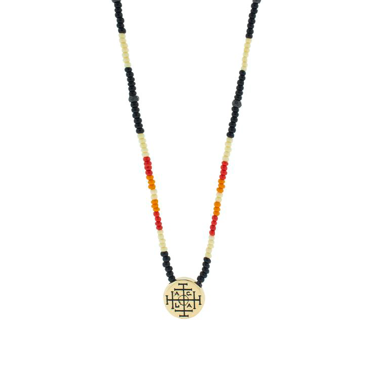 LUIS MORAIS gold large disk with an antiqued symbol on a 27-inch beaded necklace with spacer.