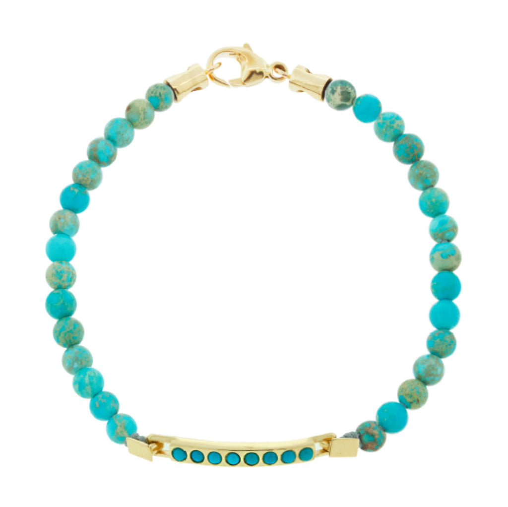 LUIS MORAIS 14K gold medium link ID bar with round Turquoise stones on a Sediment Jasper beaded bracelet. 14k gold lobster clasp closure.   *If you require a size that is not available in the options provided, please indicate your preferred size in the designated text box during checkout.