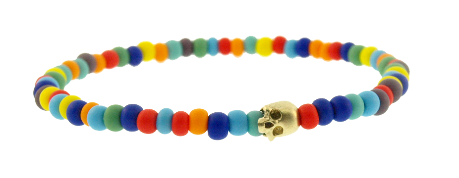 LUIS MORAIS 14k yellow gold G6 side half-skull with satin finish on a multicolor glass beaded bracelet.