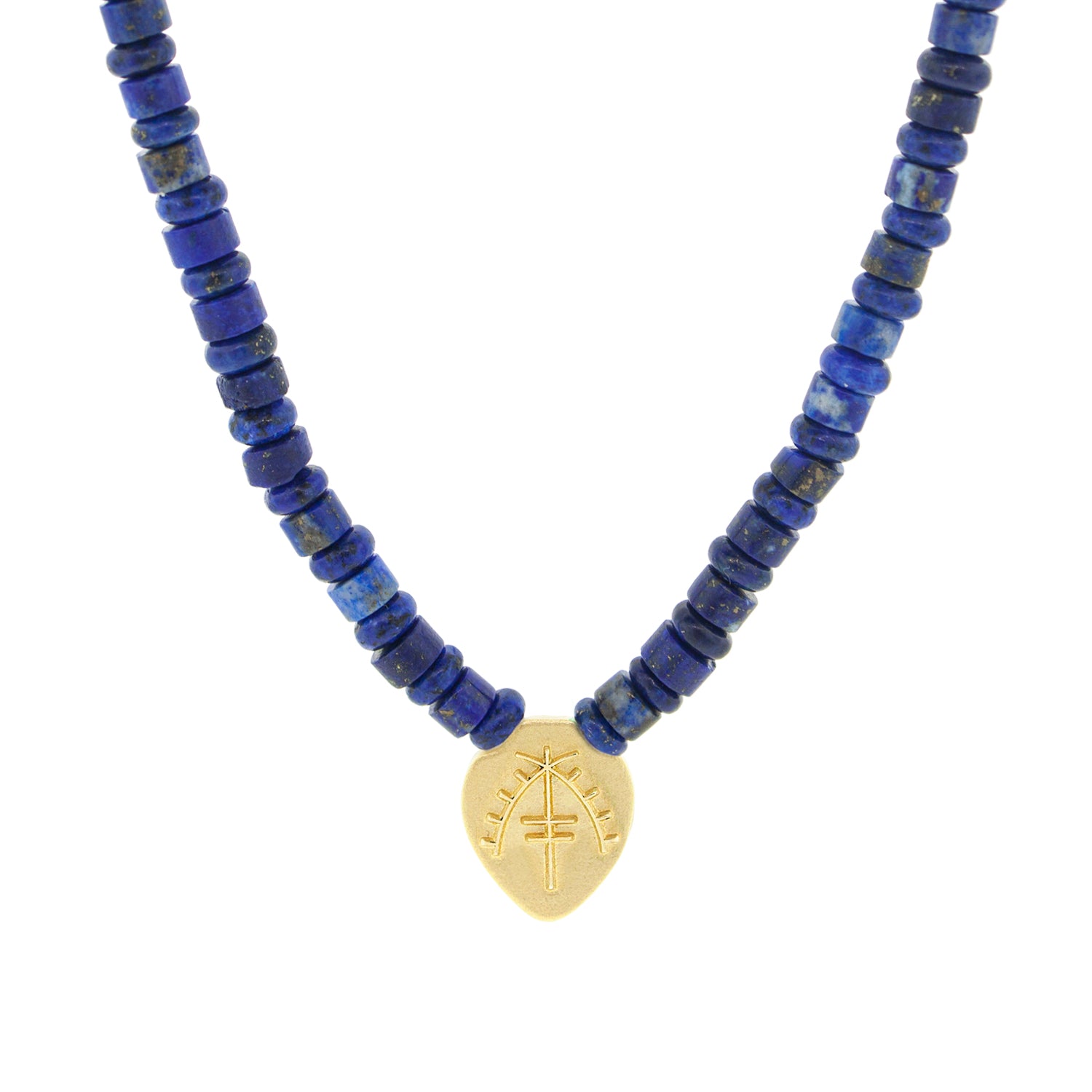 Luis Morais 14K yellow gold shield pendant with an Moor symbol on a lapis gemstone beaded necklace. 14K yellow gold long clasp closure. The length of this necklace is 18 inches, if you would like a different length, please reach out to customer service.