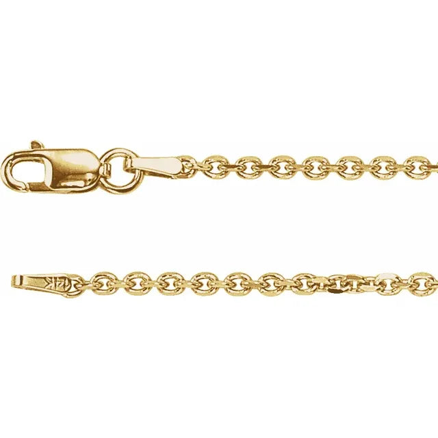 A yellow gold cable chain necklace with a lobster clasp closure.
