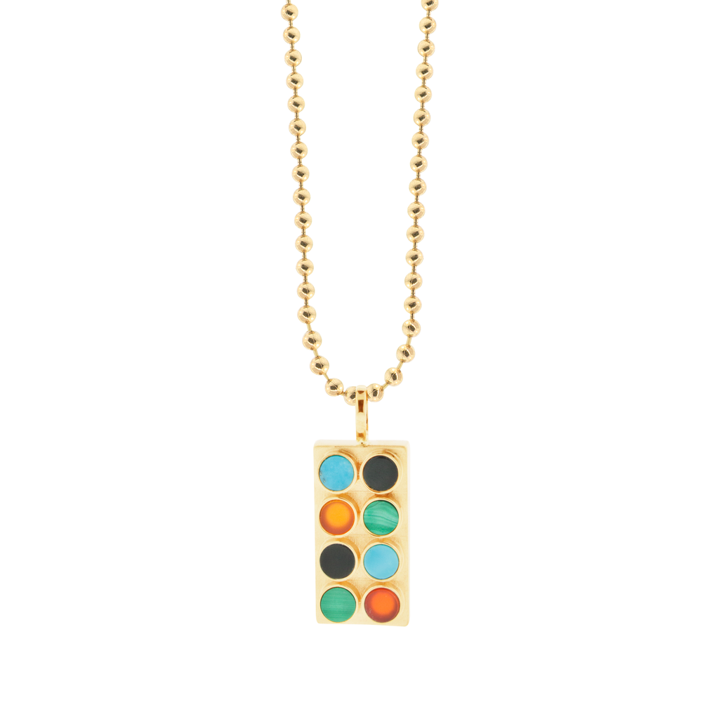 LUIS MORAIS 14K gold lego block shaped pendant with Turquoise, Onyx, Malachite, and Carnelian gemstones.  14k yellow gold 30 inch, 3mm ball chain gold necklace sold separately.