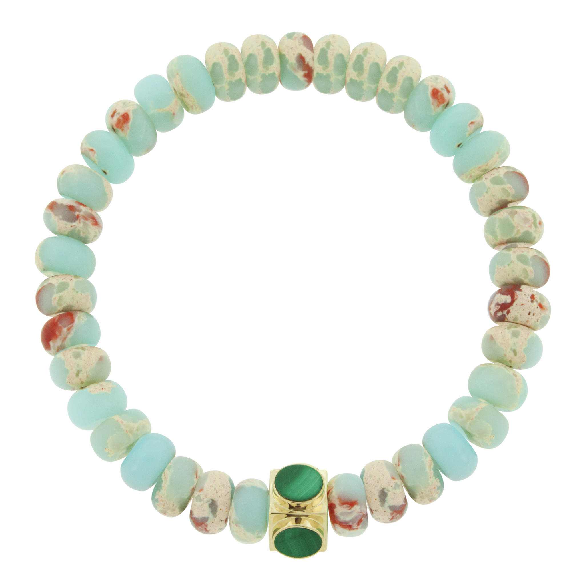 LUIS MORAIS 14k yellow gold Lego cube (8mm) inlaid with four Malachite gemstone sides on a Snakeskin Jasper beaded bracelet. *If you require a size that is not available in the options provided, please indicate your preferred size in the designated text box during checkout.