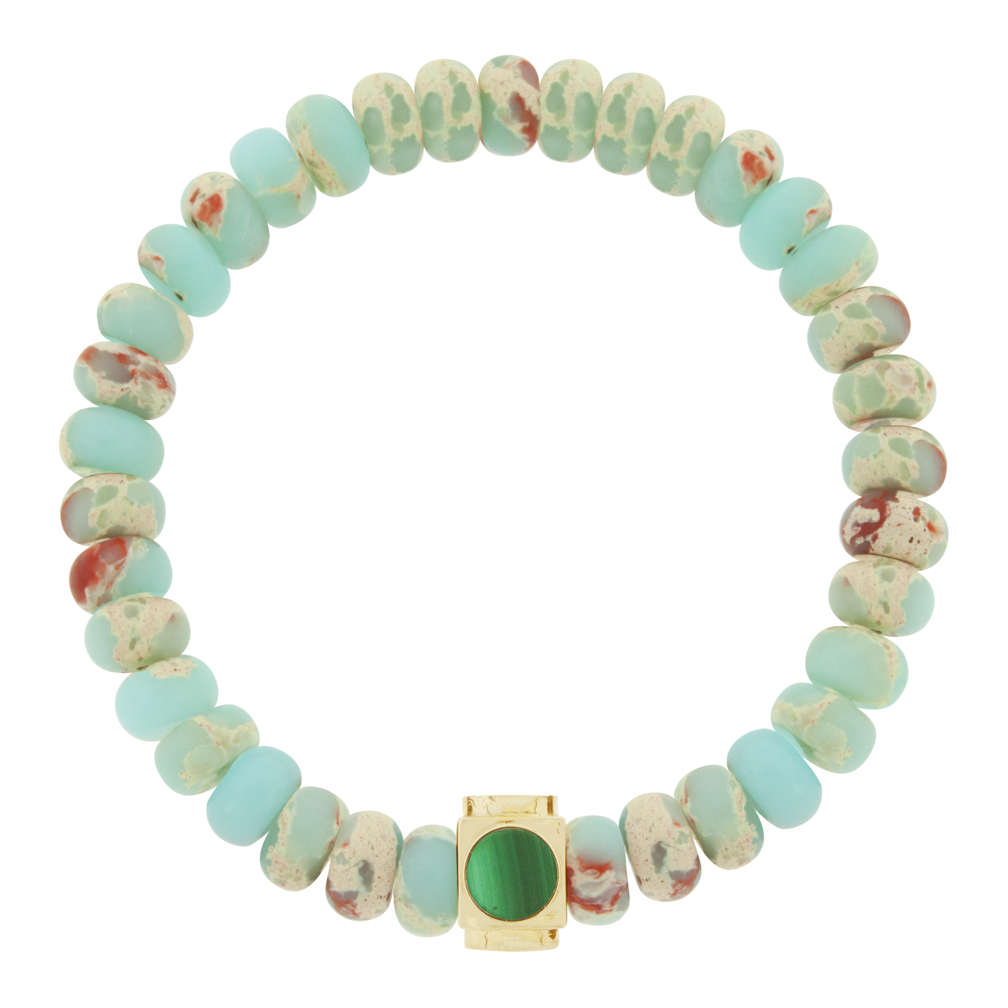 LUIS MORAIS 14k yellow gold Lego cube (8mm) inlaid with four Malachite gemstone sides on a Snakeskin Jasper beaded bracelet. *If you require a size that is not available in the options provided, please indicate your preferred size in the designated text box during checkout.