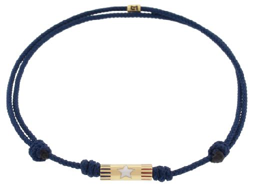 LUIS MORAIS 14K yellow gold slim tube with enameled 5-pointed star symbol on an adjustable cord bracelet.