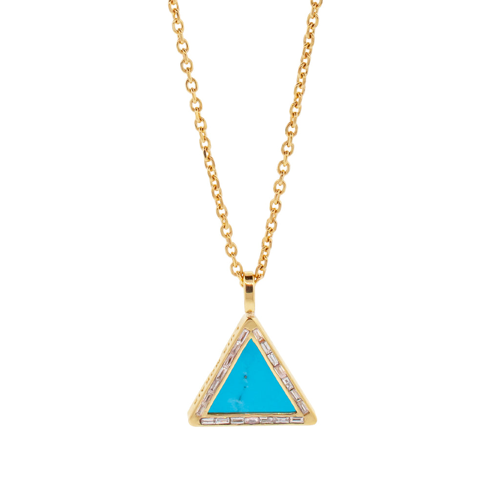 LUIS MORAIS 14K yellow gold triangle pendant with white diamond baguettes and a Turquoise gemstone backing.