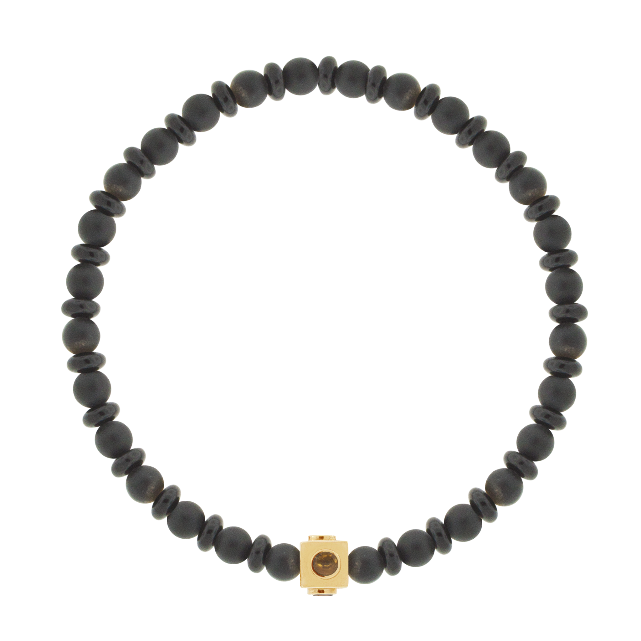 LUIS MORAIS 14k yellow gold small Lego cube (5mm) inlaid with four Citrine sides on an Onyx beaded bracelet.