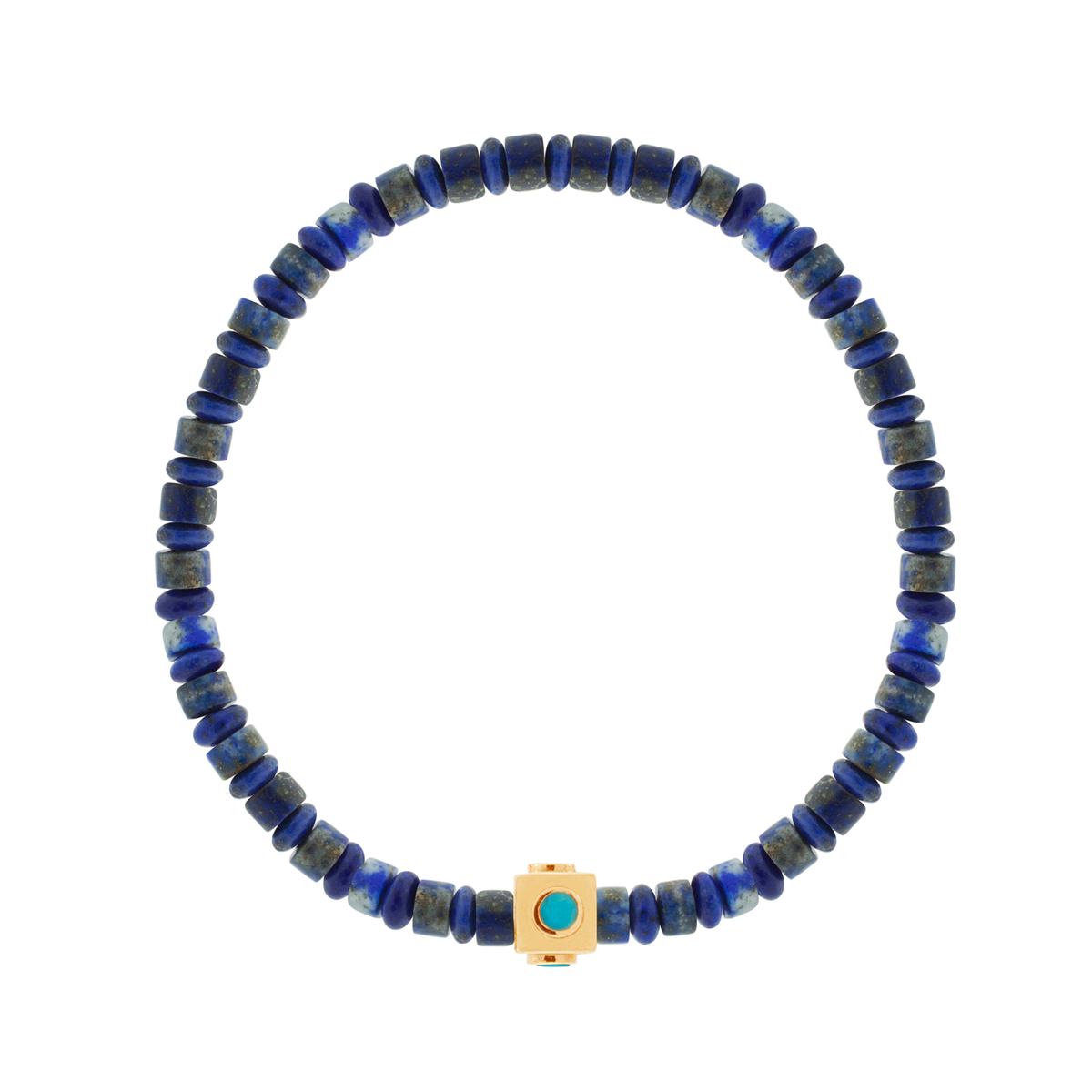 LUIS MORAIS 14k yellow gold small Lego cube (5mm) inlaid with four Turquoise gemstone sides on a Lapis beaded bracelet. *If you require a size that is not available in the options provided, please indicate your preferred size in the designated text box during checkout.