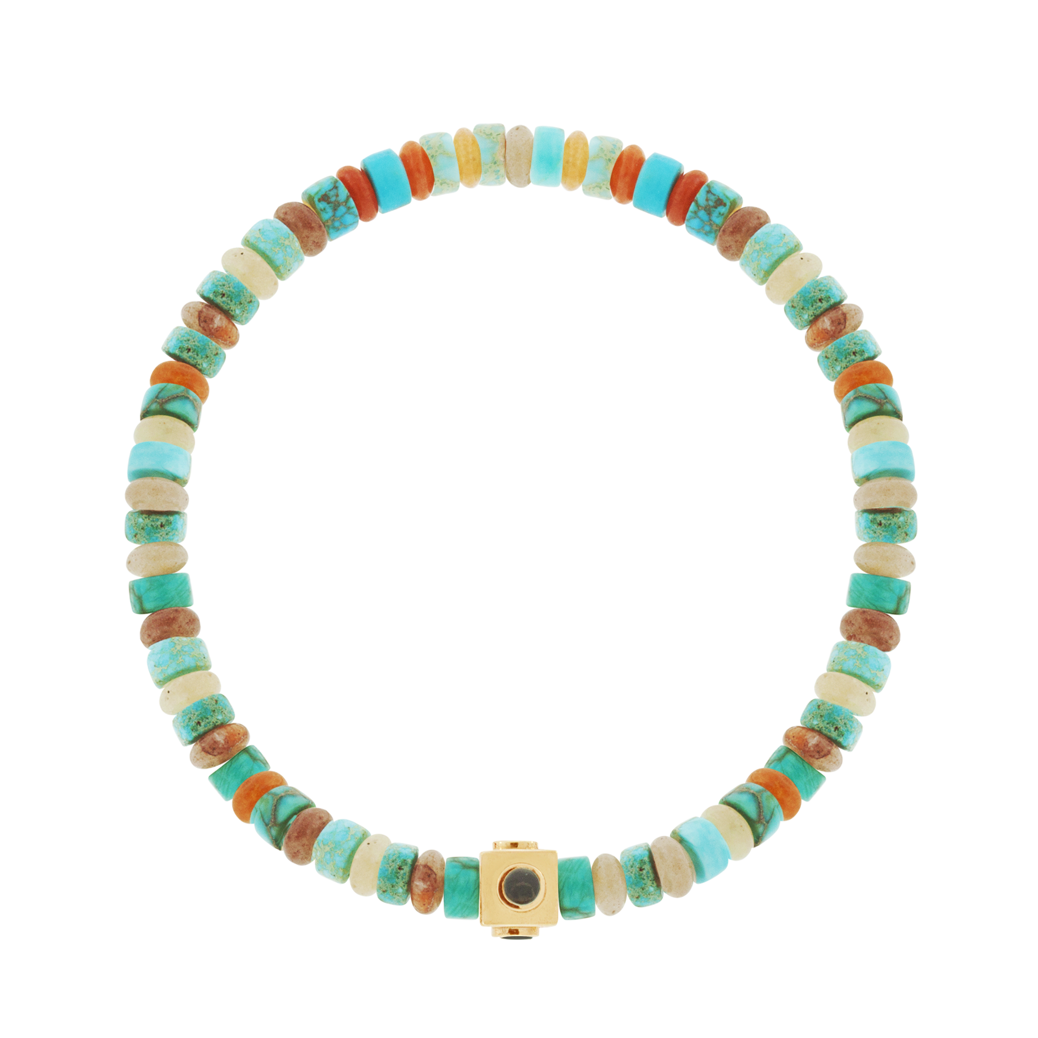 LUIS MORAIS 14k yellow gold small Lego cube (5mm) inlaid with four Smokey Quartz gemstone sides on a gemstone beaded bracelet.