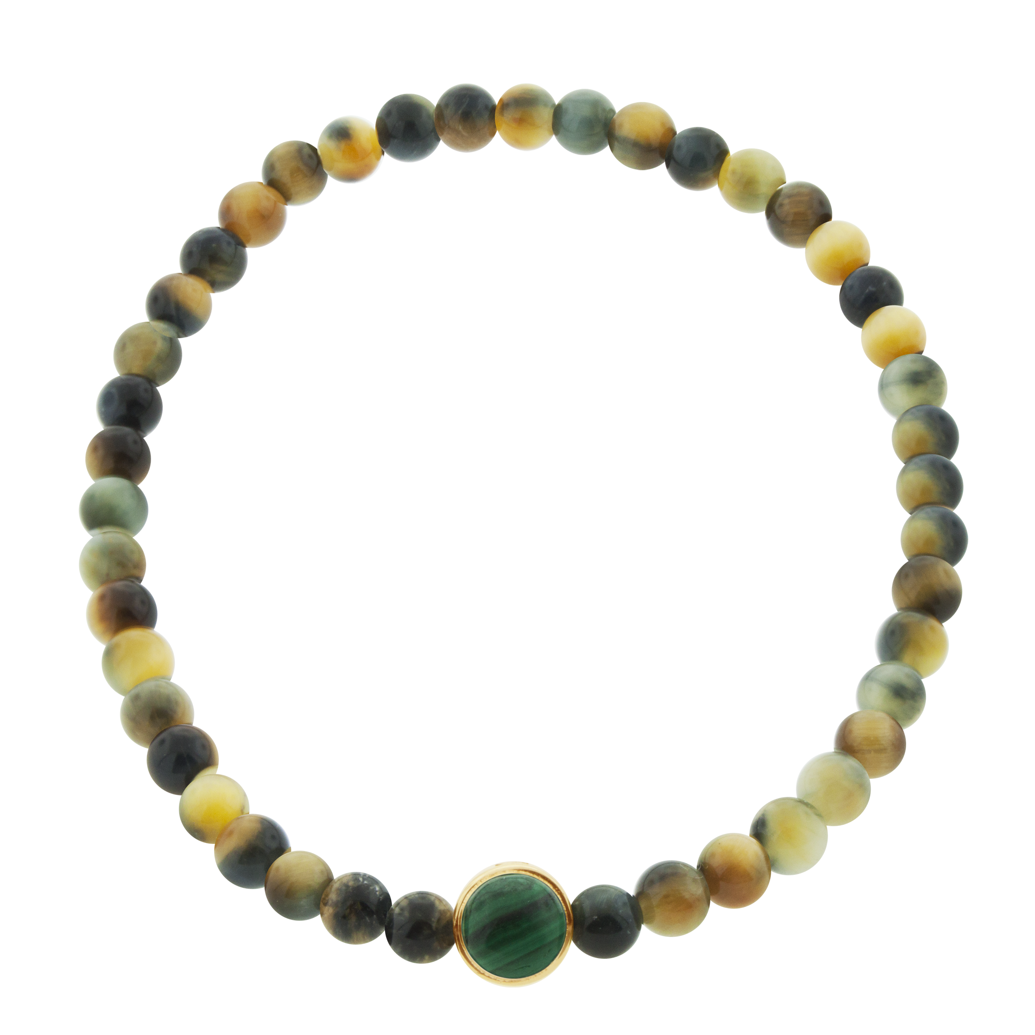 LUIS MORAIS 14k yellow gold collar with Malachite cabochon one side and a white diamond on the reverse, on an Indian Agate beaded bracelet. *If you require a size that is not available in the options provided, please indicate your preferred size in the designated text box during checkout.