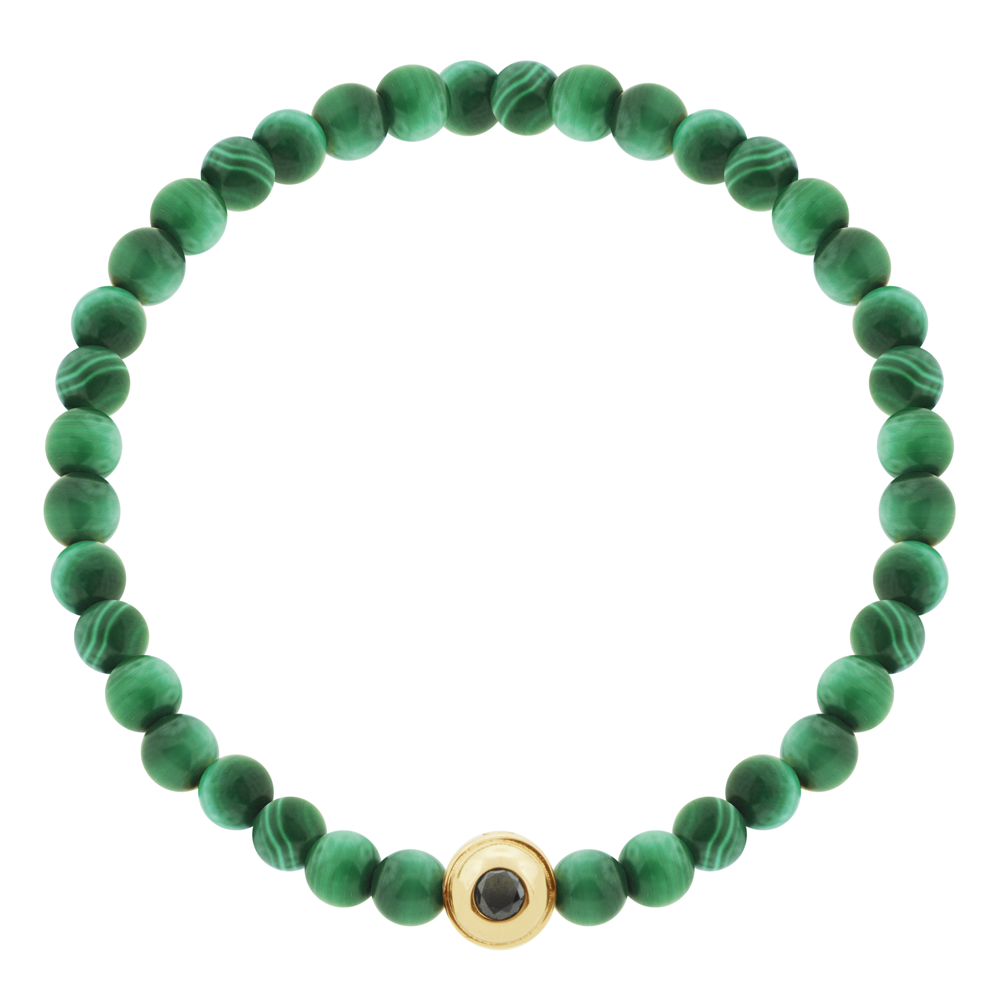 LUIS MORAIS 14k yellow gold collar with Chrysoprase cabochon one side and a black diamond on the reverse, on a Malachite beaded bracelet. *If you require a size that is not available in the options provided, please indicate your preferred size in the designated text box during checkout.