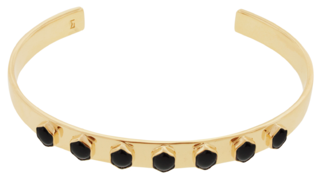 LUIS MORAIS 14K gold Lego cuff inlaid with seven hexagon cabochon Onyx gemstones.  *If you require a size that is not available in the options provided, please indicate your preferred size in the designated text box during checkout.