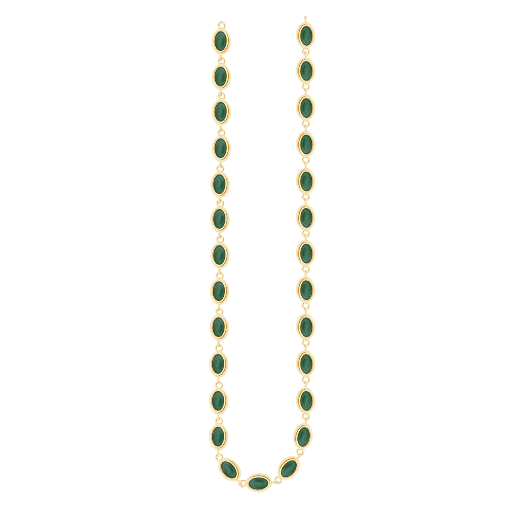 LUIS MORAIS 14K gold oval link necklace with Malachite cabochon gemstones. Lobster clasp closure.  Length: 18 inches