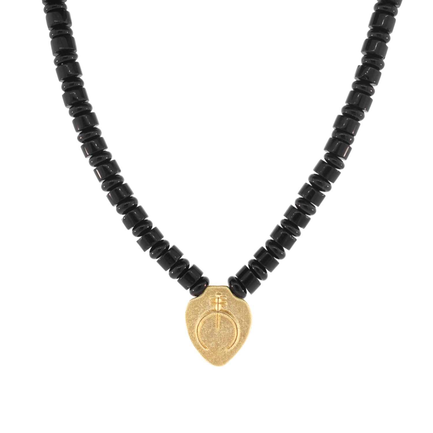 Luis Morais 14K yellow gold shield pendant with an Naja symbol on an onyx gemstone beaded necklace. 14K yellow gold long clasp closure. The length of this necklace is 18 inches, if you would like a different length, please reach out to customer service.
