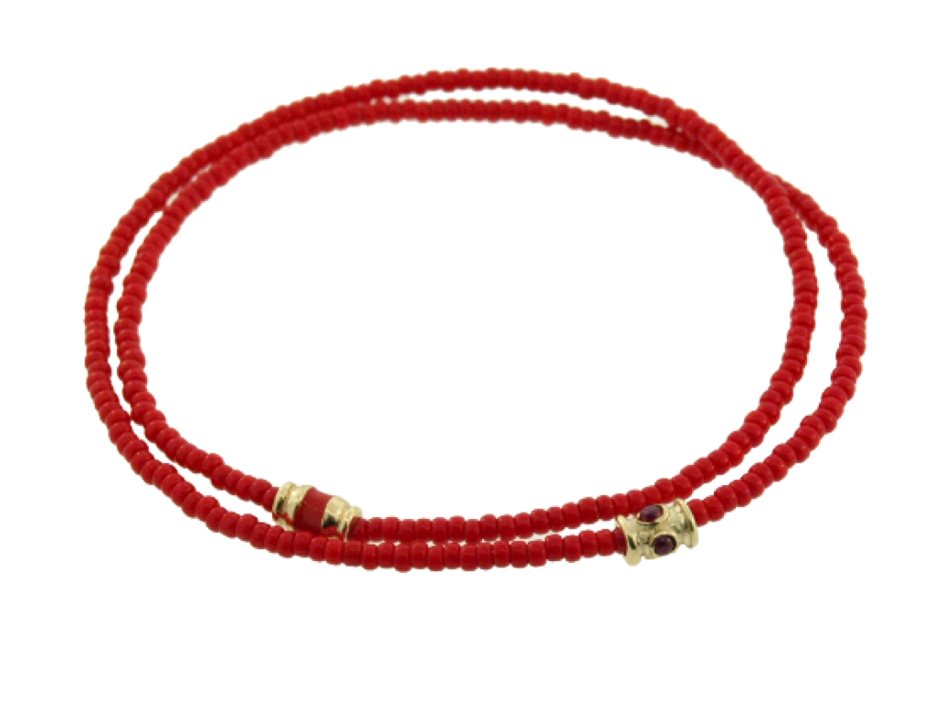 Double Wrap Beaded Bracelet with Ruby Barrel and Enameled Barrel