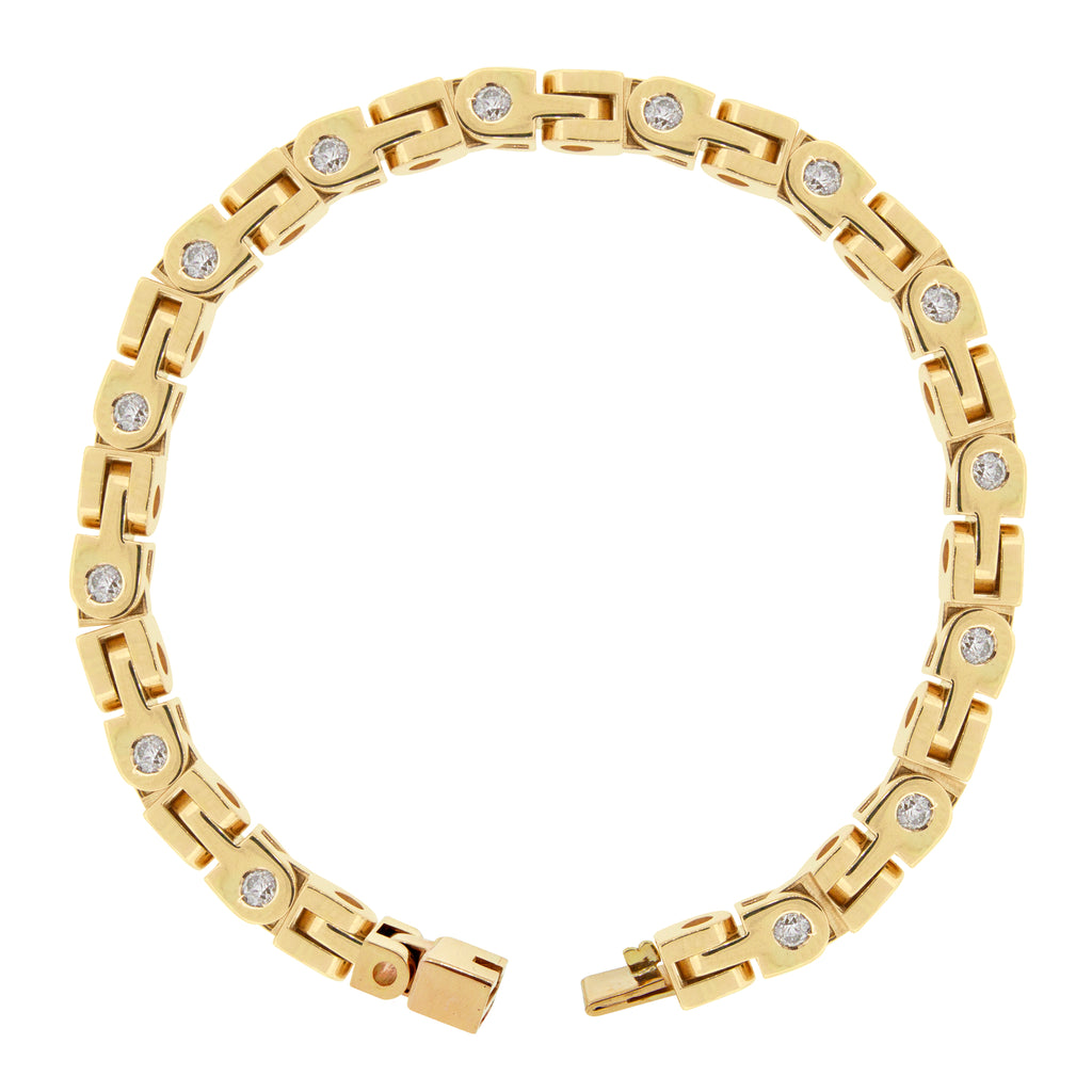 LUIS MORAIS 14k yellow gold bike chain link bracelet with approximately 4.5 carats of white diamonds. Men's standard size 7.5.  -Please note this piece is made-to-order, therefore resulting in a longer processing time. For more information please contact Customer Service.     *If you require a different size please contact customer service.