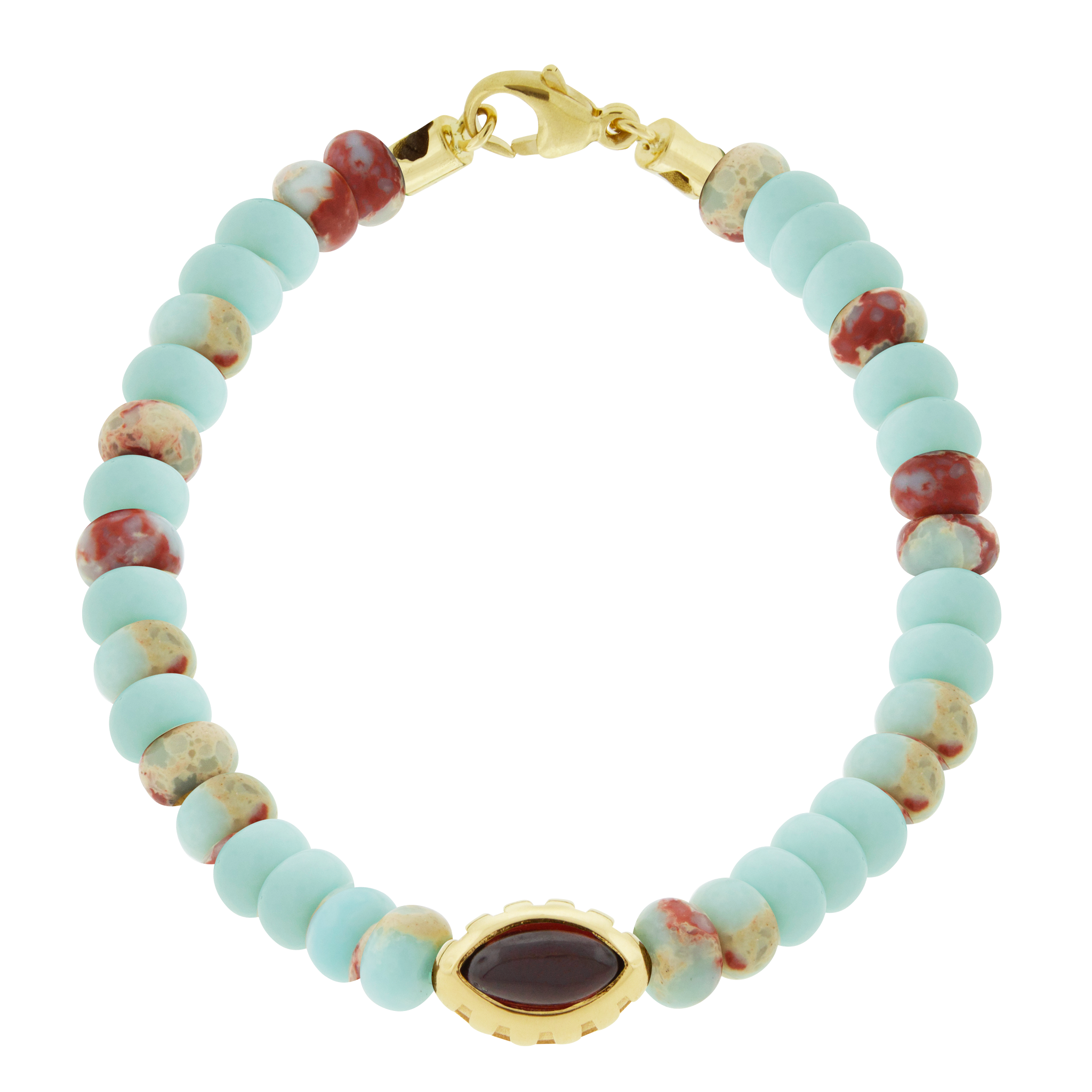 LUIS MORAIS 14k yellow gold Eye of the Idol bead with a marquise Garnet gemstone on a Snakeskin Jasper beaded bracelet.