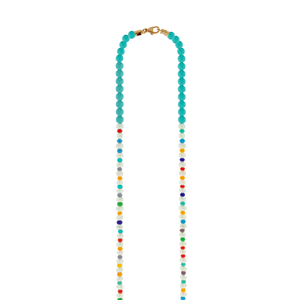 LUIS MORAIS 14k yellow gold small disk with a recessed double-enameled evil eye on a pearl, Turquoise, and glass beaded necklace. Lobster clasp closure.  Length: 20 in.  Main gemstone: Turquoise