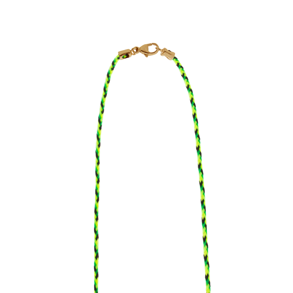 LUIS MORAIS 14k yellow gold medium link ID bar with rainbow sapphire baguettes on a cord necklace. Lobster clasp closure.   Length: 20 inches
