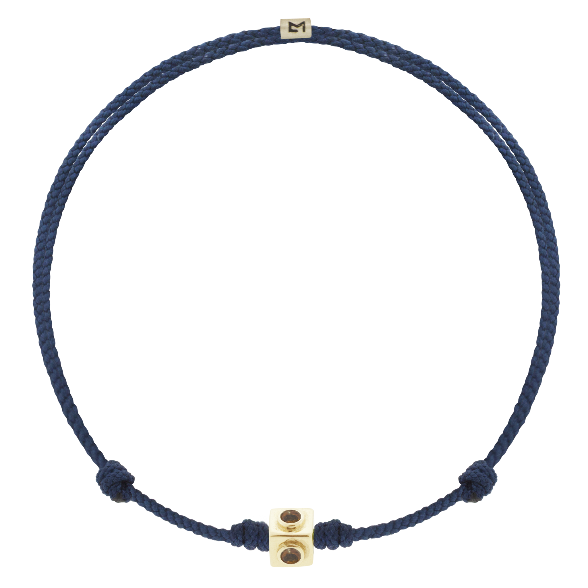LUIS MORAIS 14k yellow gold small Lego cube (5mm) inlaid with four Citrine sides on an adjustable navy blue cord bracelet. Features a 14k yellow gold logo spacer. *If you require a size that is not available in the options provided, please indicate your preferred size in the designated text box during checkout.