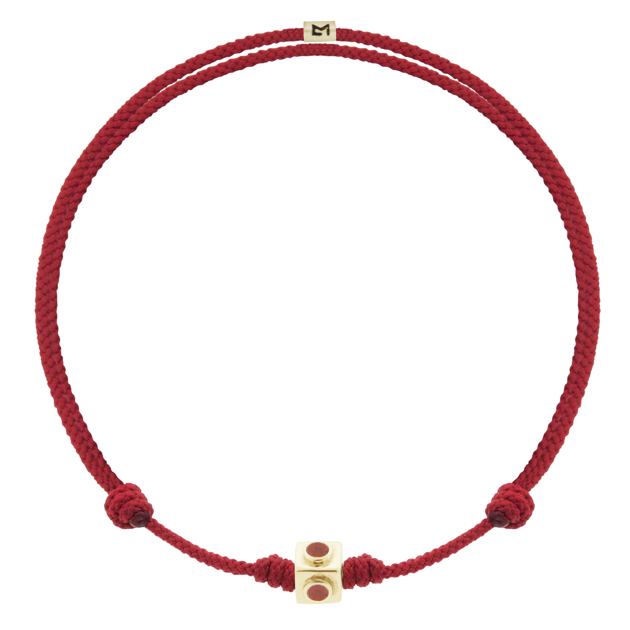 LUIS MORAIS 14k yellow gold small Lego cube (5mm) inlaid with four Coral sides on an adjustable red cord bracelet. Features a 14k yellow gold logo spacer. *If you require a size that is not available in the options provided, please indicate your preferred size in the designated text box during checkout.