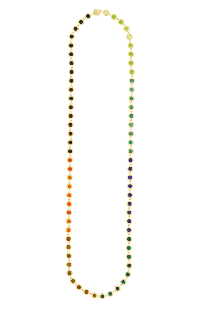 LUIS MORAIS 14k yellow gold chain necklace with round Onyx, Carnelian, Chrysoprase, Tiger's Eye, Lapis, Malachite, and Mahogany Obsidian gemstones. Our unique clamshell clasp closure provides added security with its sleek design.