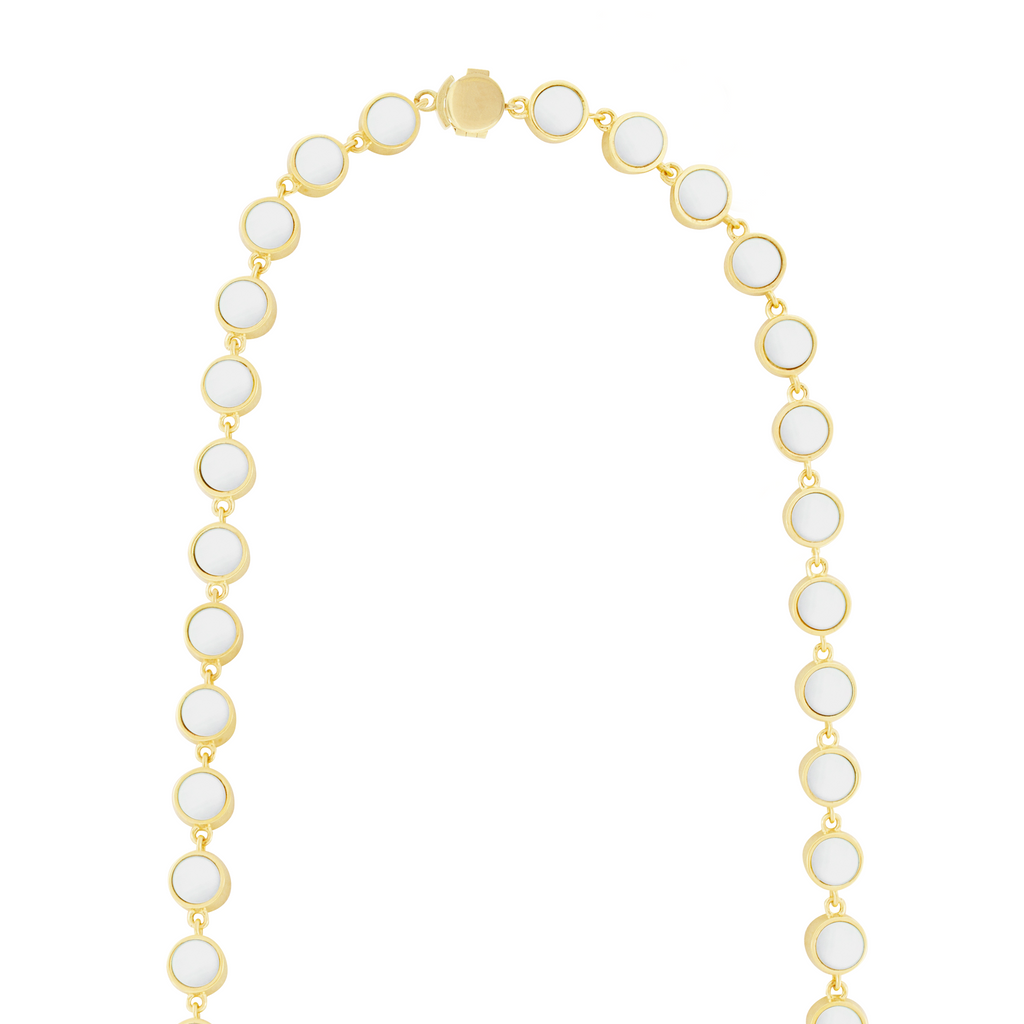 LUIS MORAIS 14k yellow gold chain necklace with round Mother of Pearl gems. Our unique clamshell clasp closure provides added security with its sleek design.