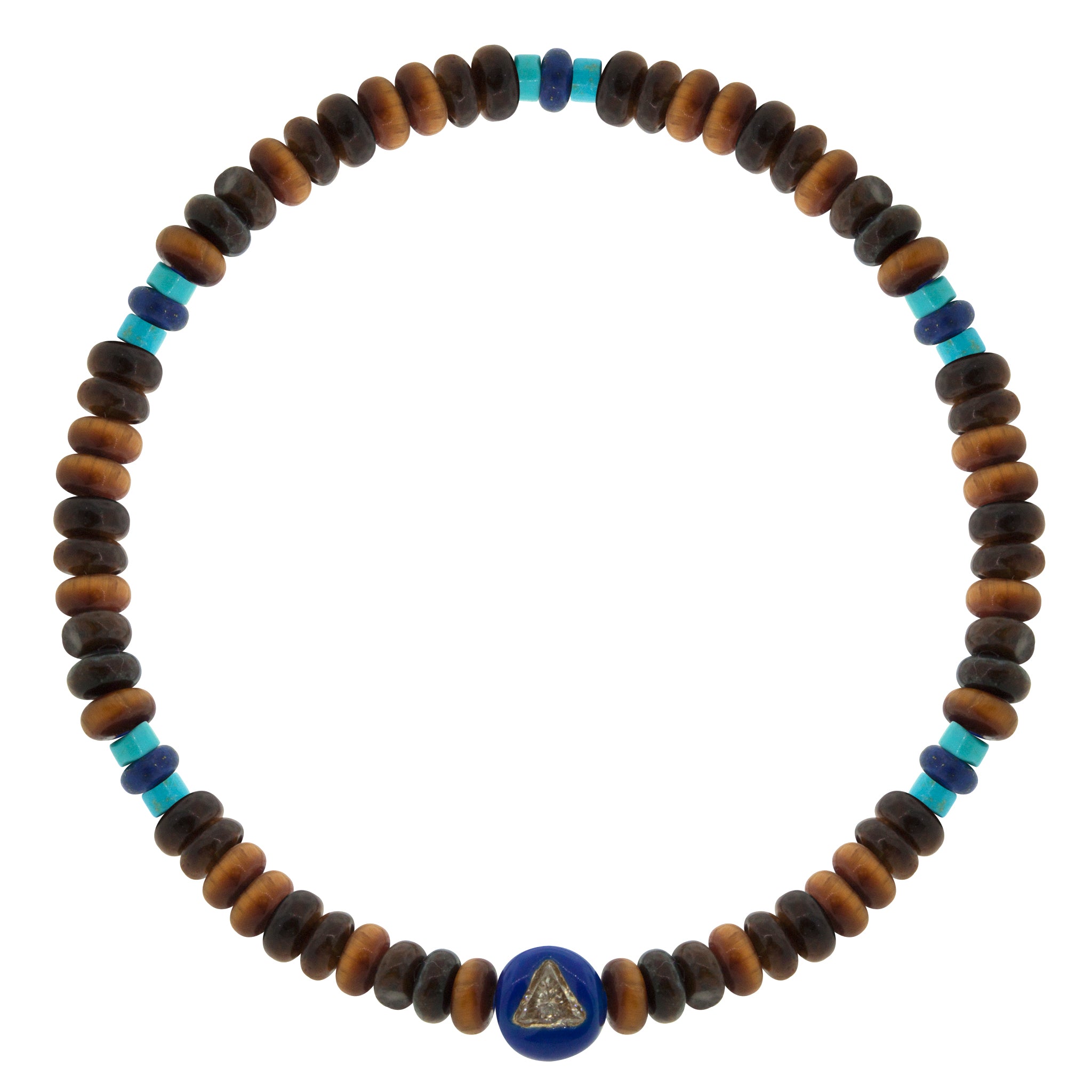LUIS MORAIS 14K yellow gold enameled large ball with a white diamond trillion on a tiger's eye and glass beaded bracelet.