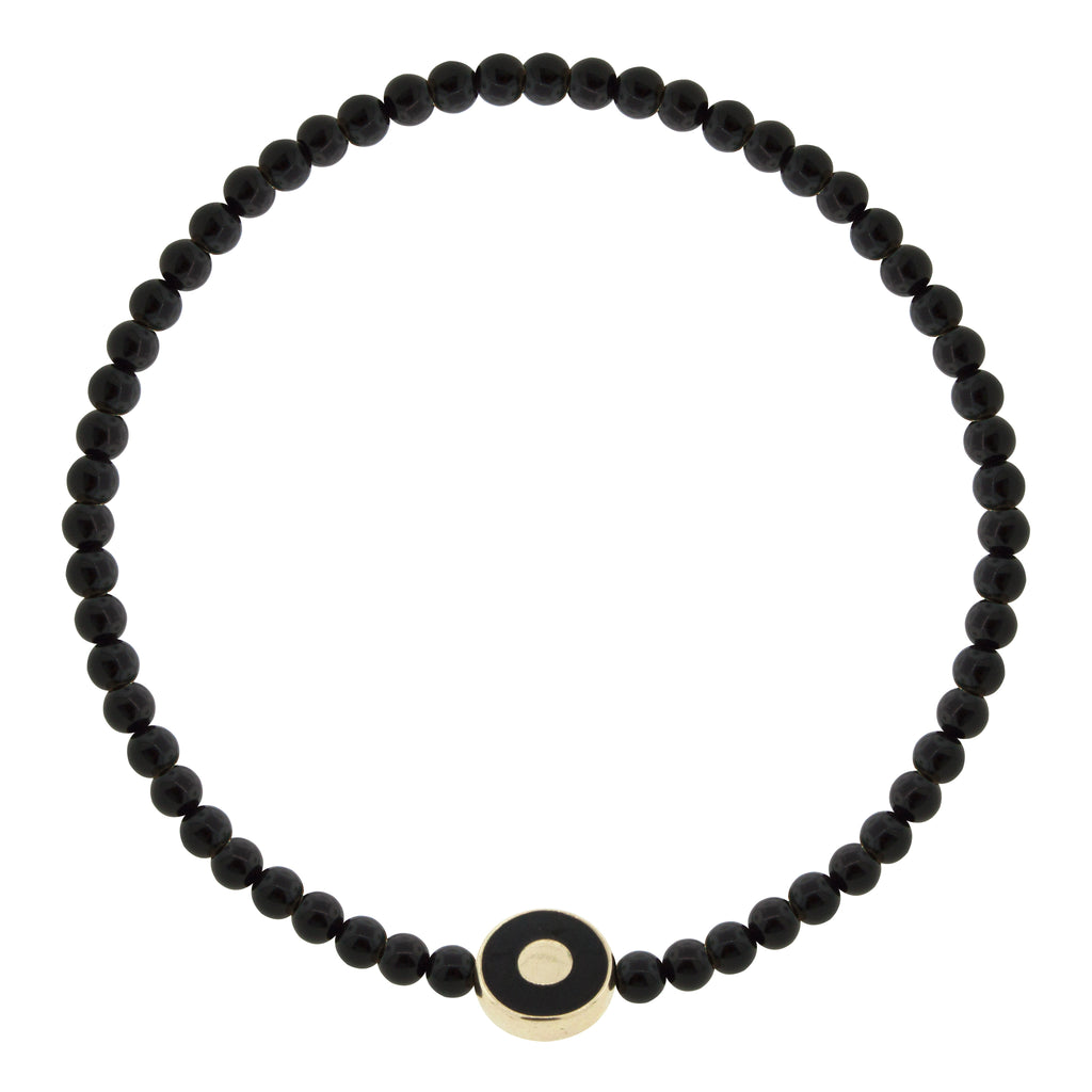 LUIS MORAIS 14K yellow gold small disk with a recessed enameled evil eye on a gemstone beaded bracelet.