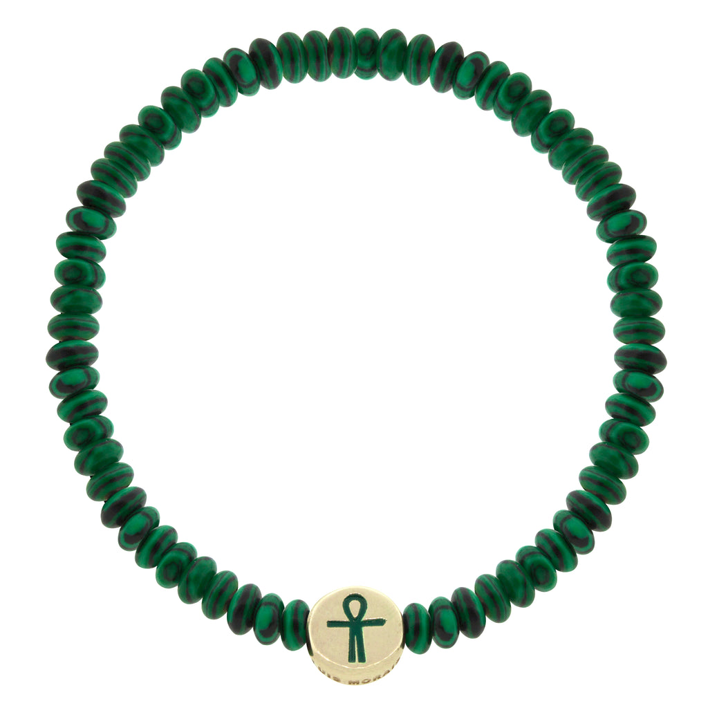 LUIS MORAIS 14K yellow gold small disk with a recessed enameled Ankh symbol on a roundel malachite beaded bracelet. 