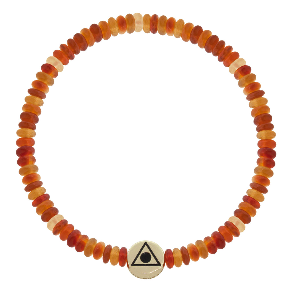 LUIS MORAIS 14K yellow gold small disk with a recessed enameled Light of the Majestic symbol on a roundel carnelian beaded bracelet. 