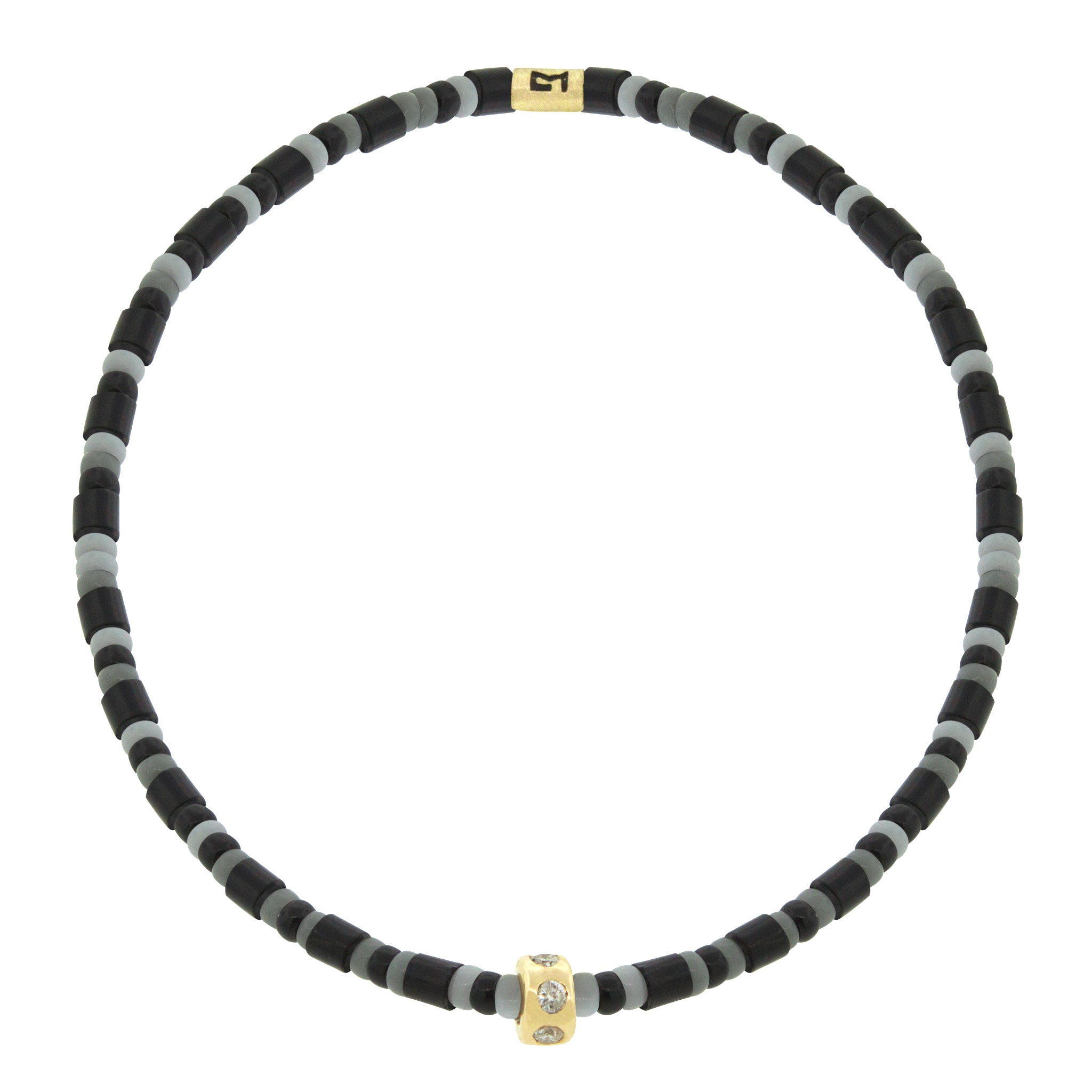 LUIS MORAIS 14K gold mini roundel bead with six white diamonds on a gemstone and glass beaded bracelet.