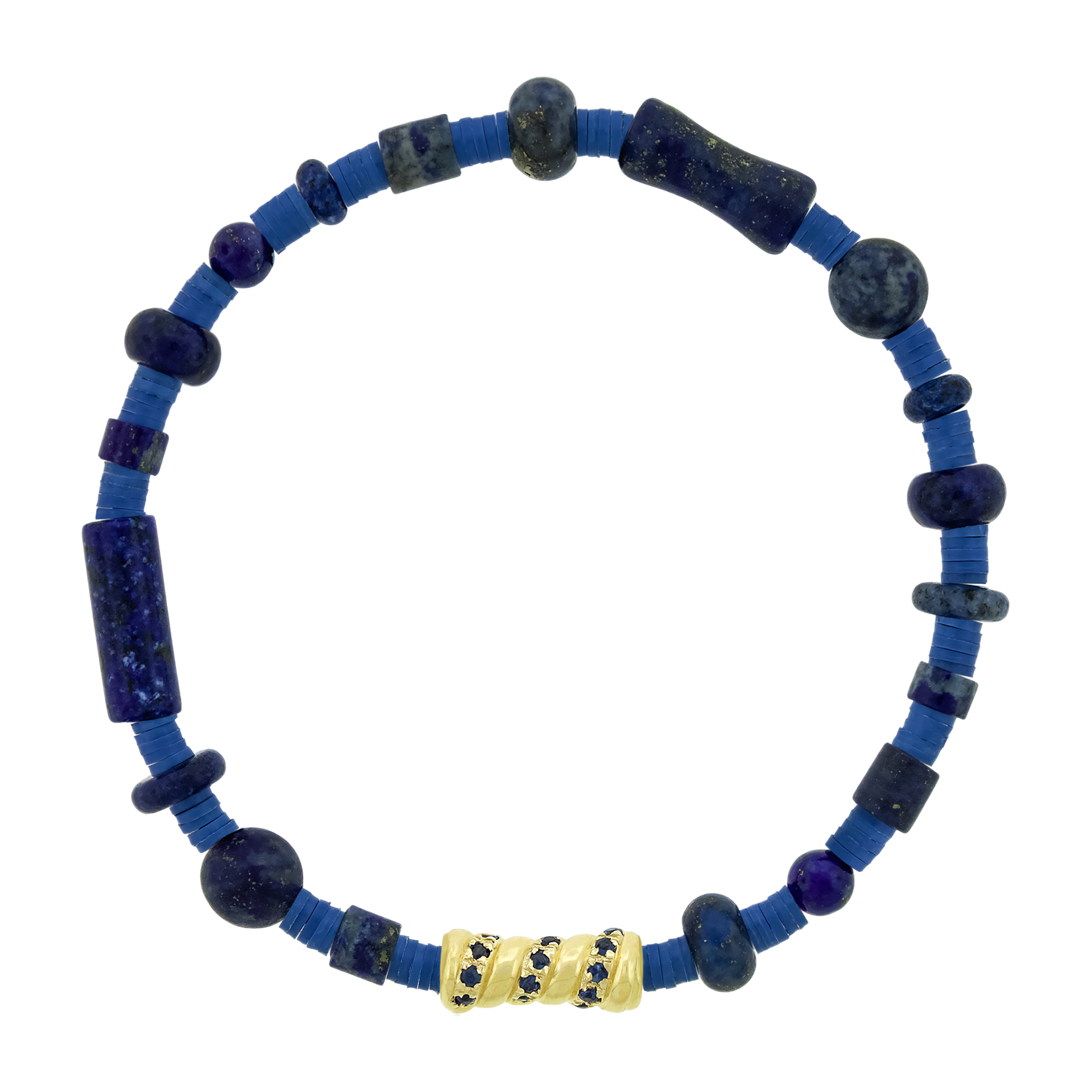 Blue beaded bracelet with a gold accent on a white background