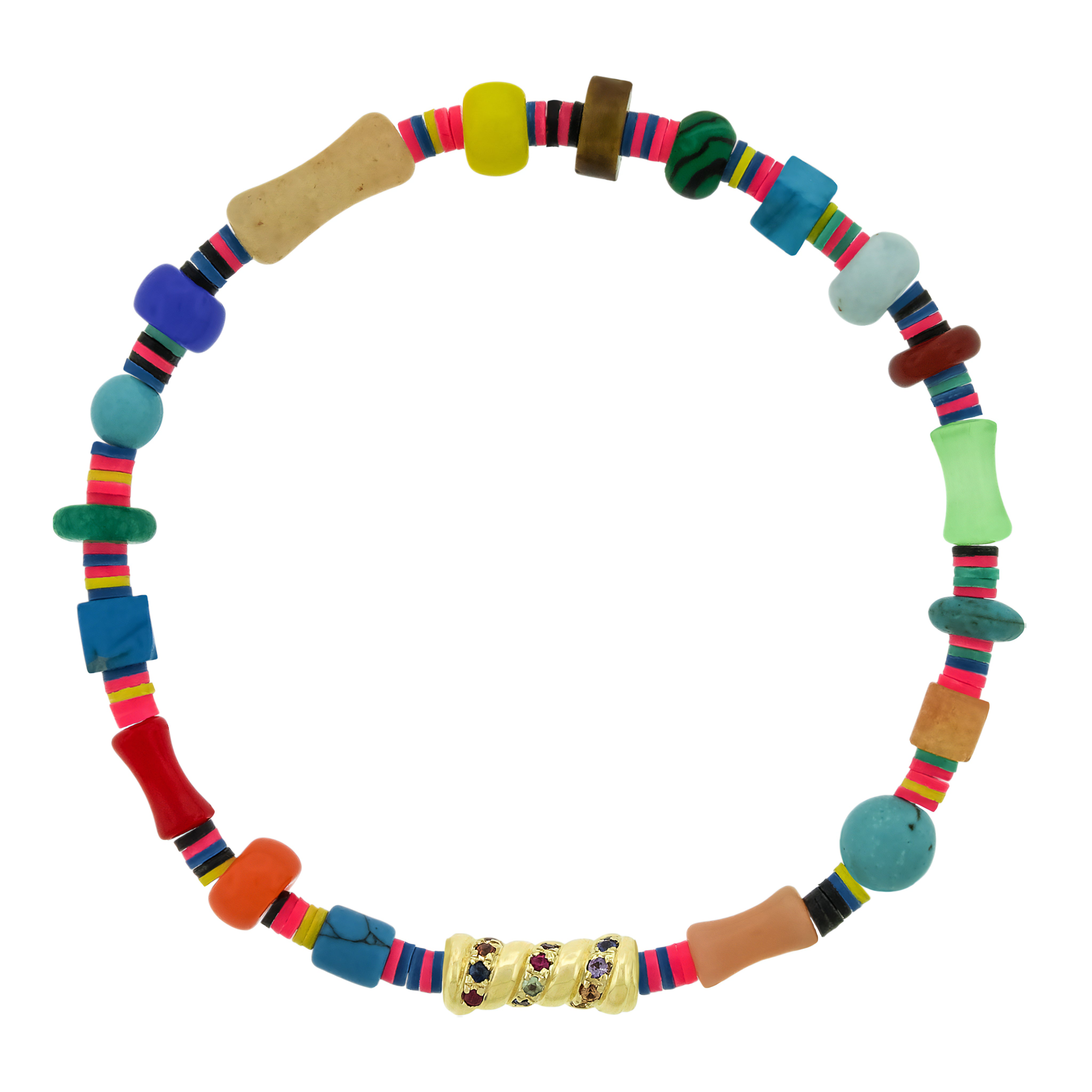LUIS MORAIS 14k yellow gold swirl bamboo bead with multicolor sapphire on a gemstone and vinyl bead bracelet.