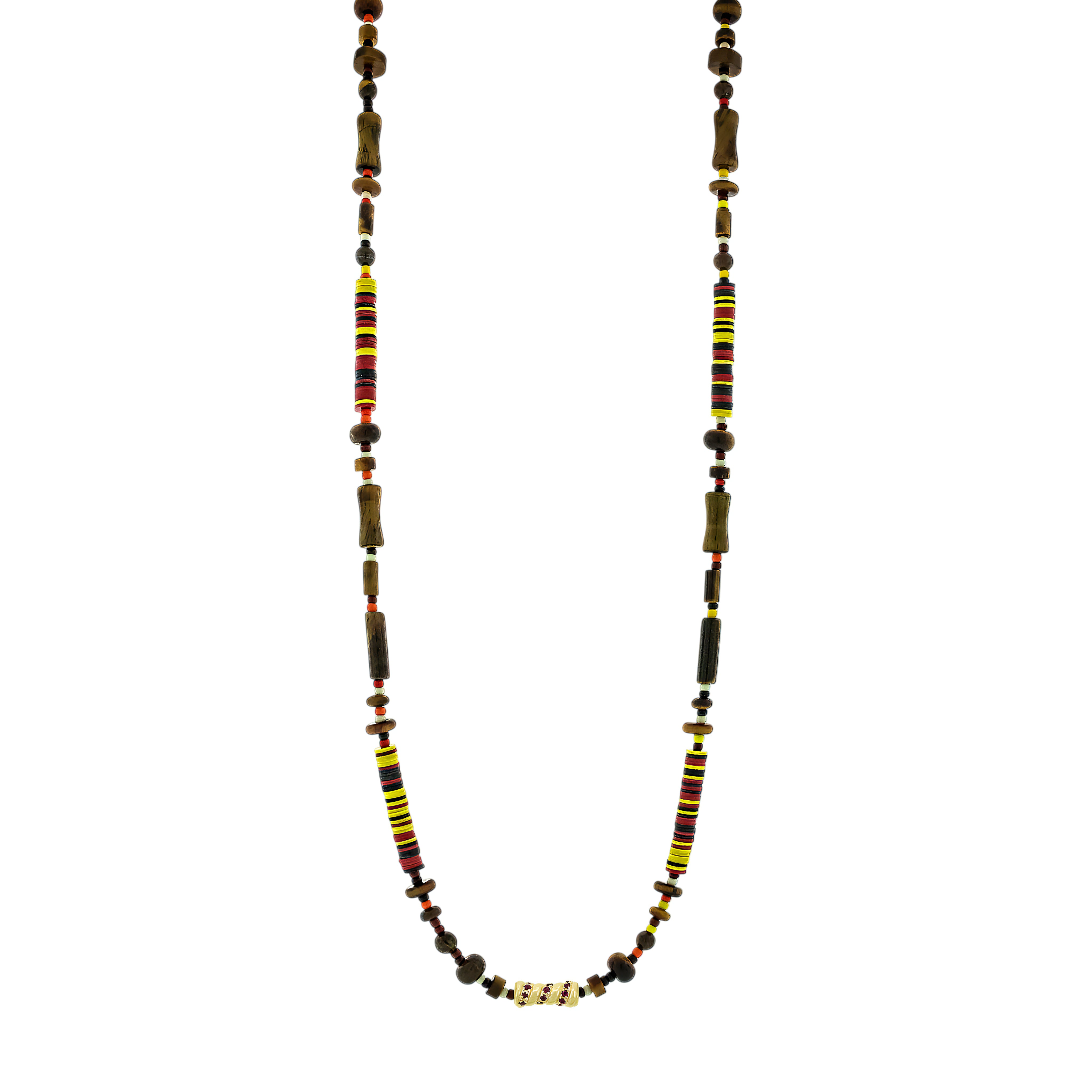 LUIS MORAIS 14k yellow gold swirled bamboo with rubies on a gemstone and vinyl beaded necklace. Lobster clasp closure.