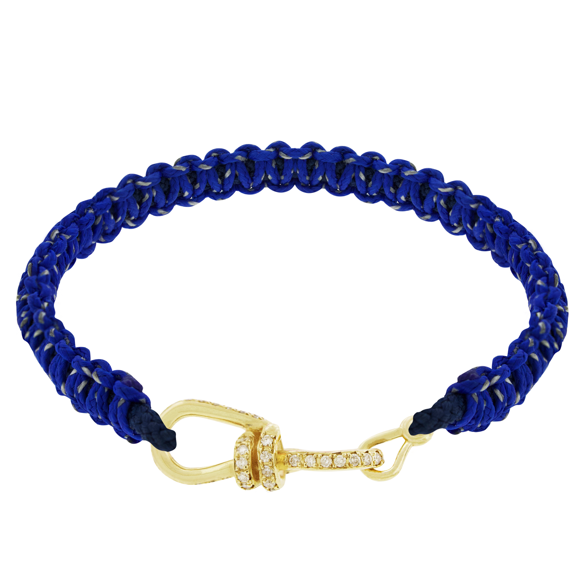 LUIS MORAIS 14k yellow gold wire link clasp encrusted with white diamonds on a macrame cord bracelet. 