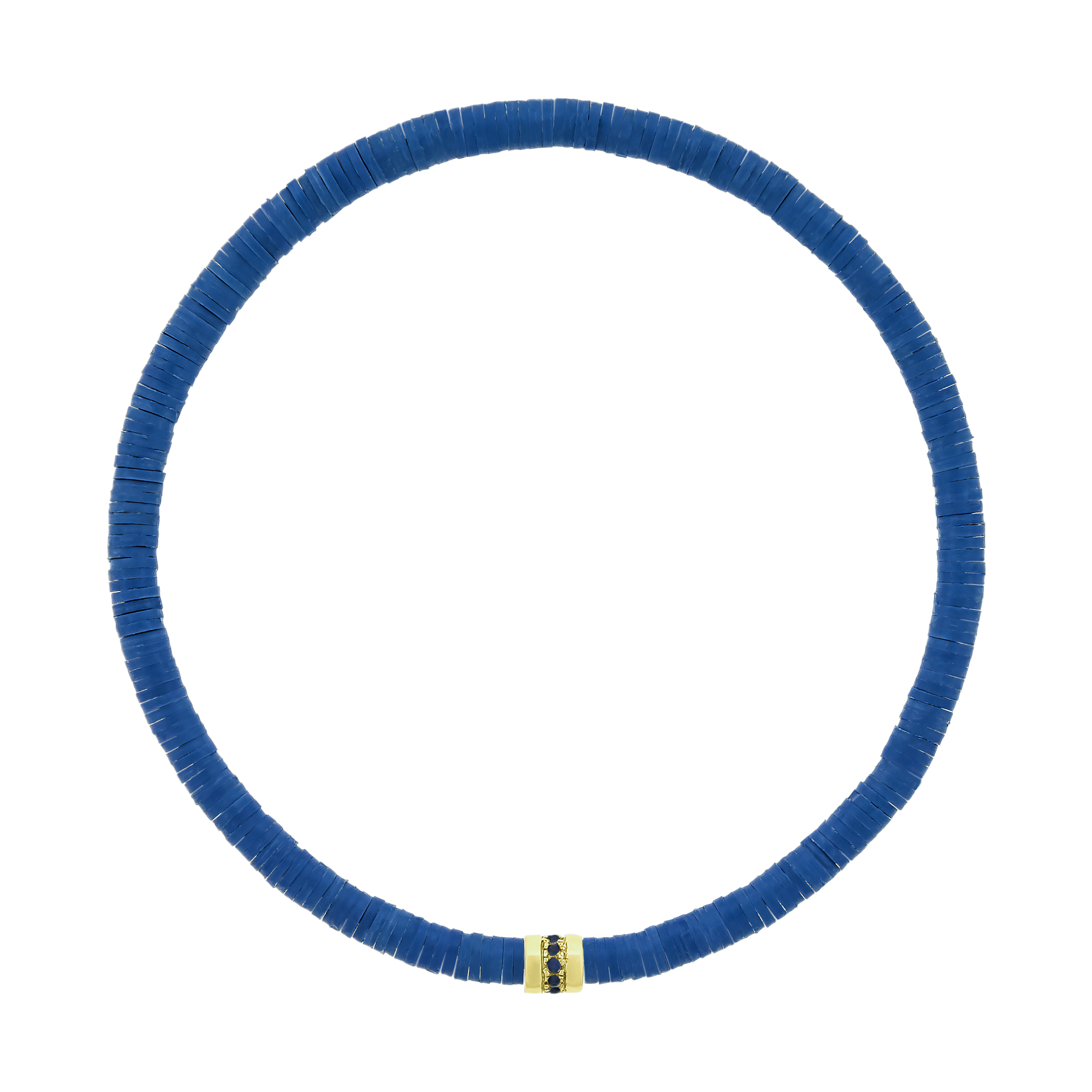 LUIS MORAIS 14K Yellow Gold short roll with a line of round blue sapphires on a vinyl beaded bracelet. 