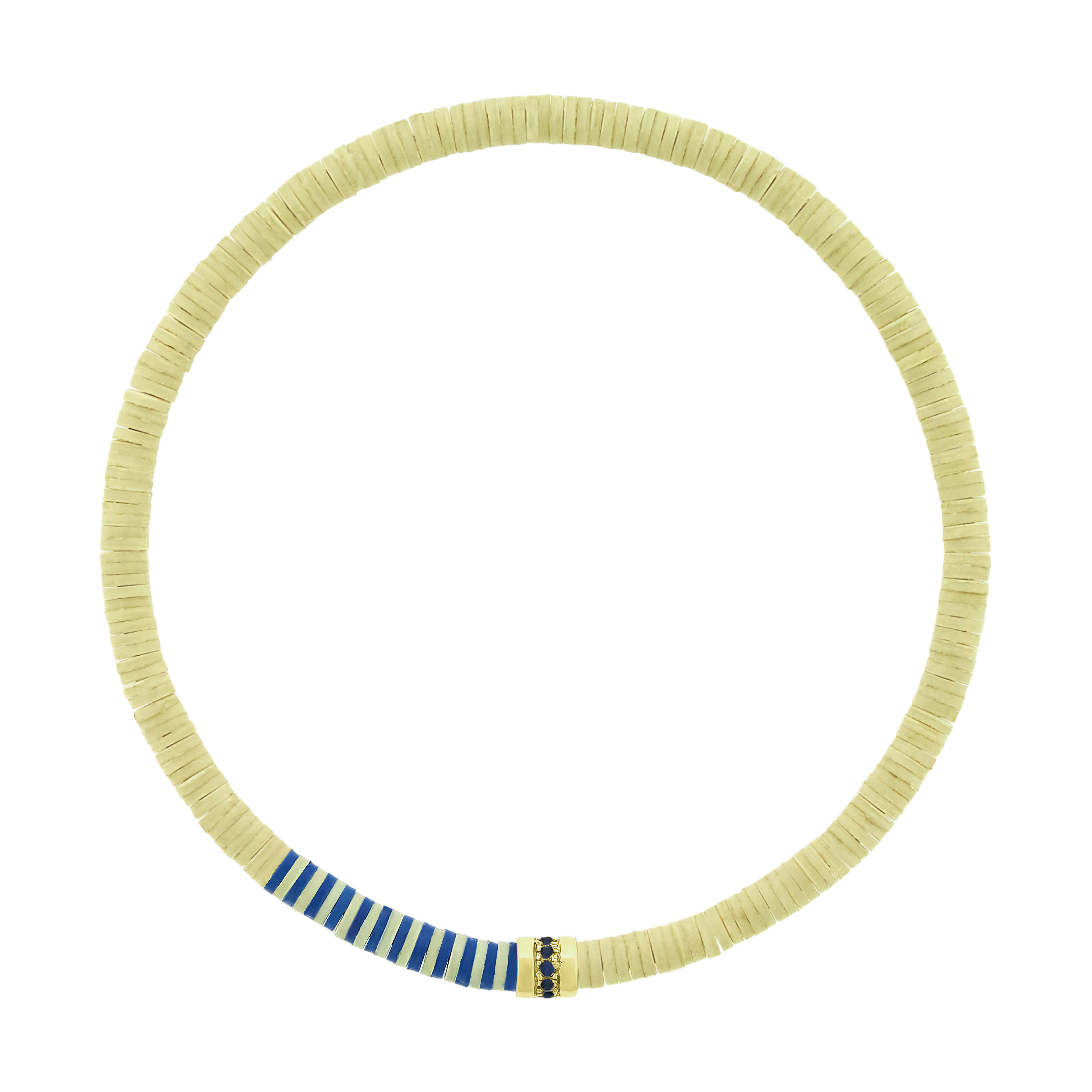 LUIS MORAIS 14K yellow gold short roll with a line of round blue sapphires on a vinyl beaded bracelet. 