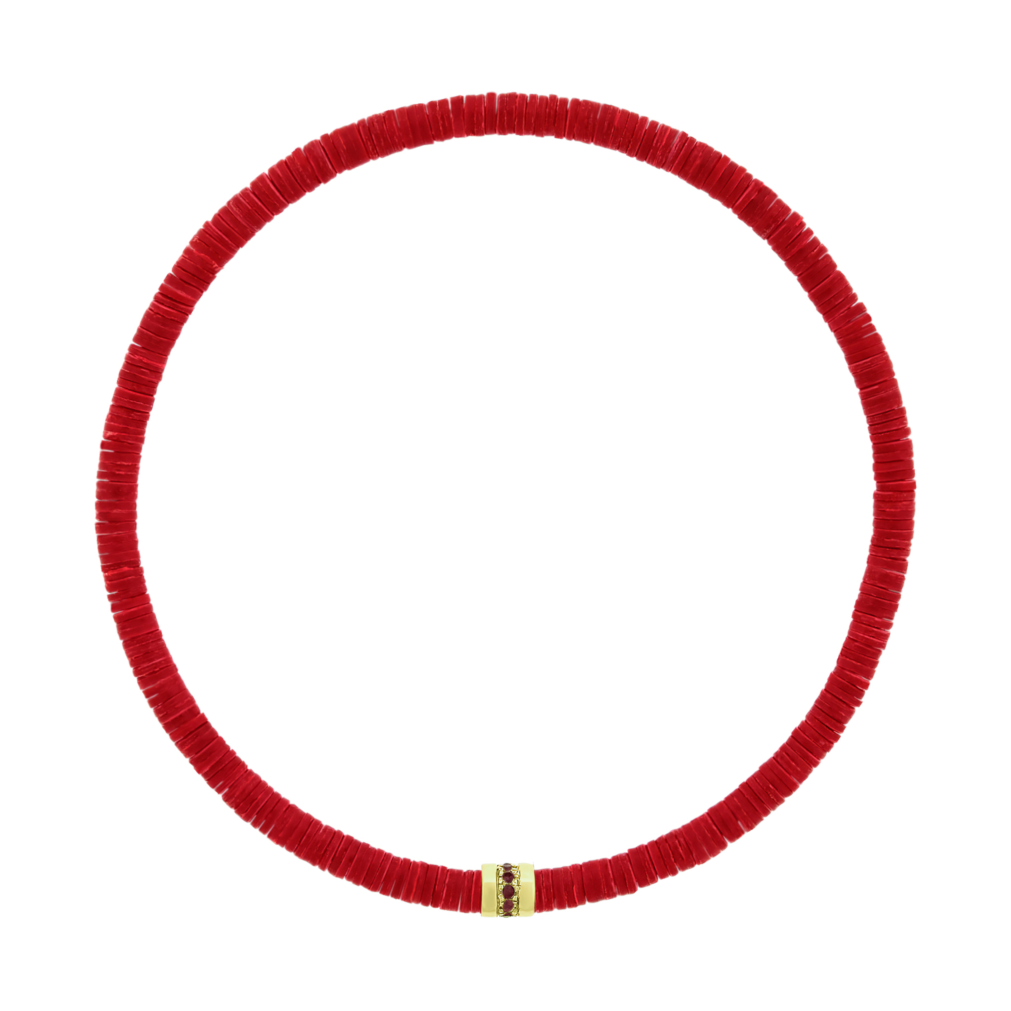 LUIS MORAIS 14K yellow gold short roll with a line of round rubies on a vinyl beaded bracelet. A versatile piece that pairs easily with other styles and is ideal for adding to your stack.
