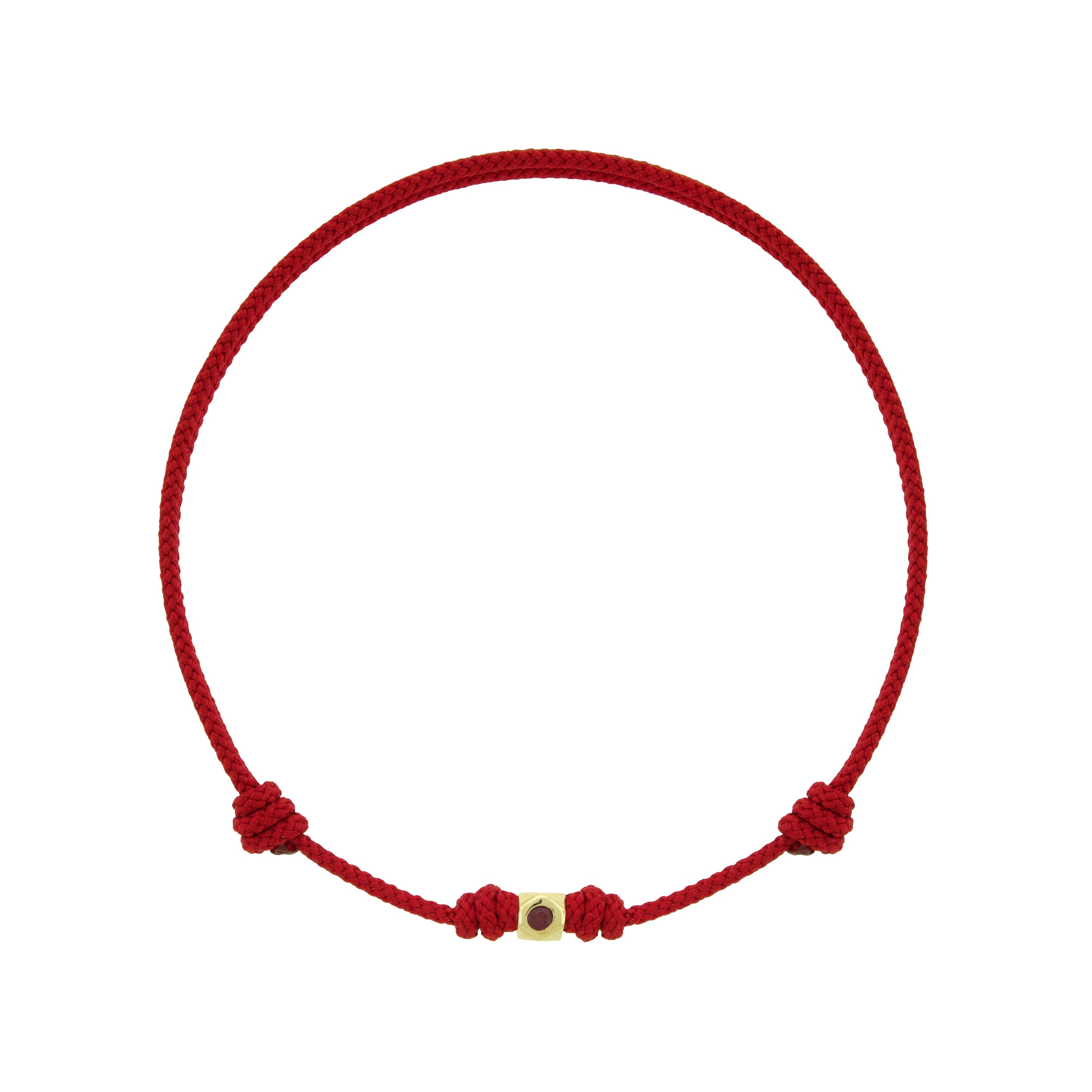 Red cord bracelet with a gold clasp on a white background