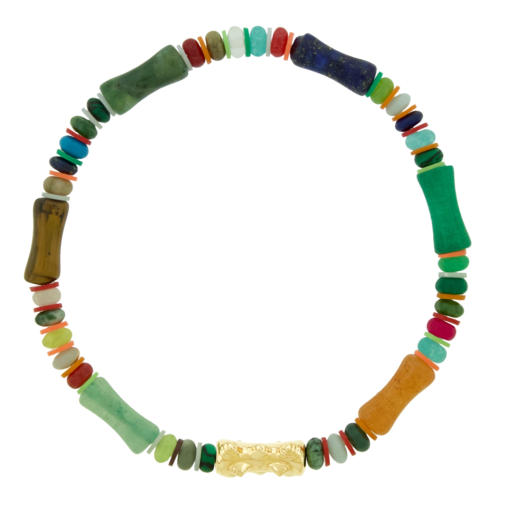 LUIS MORAIS 14k yellow gold sheath tube with relief pattern on a gemstone beaded bracelet.